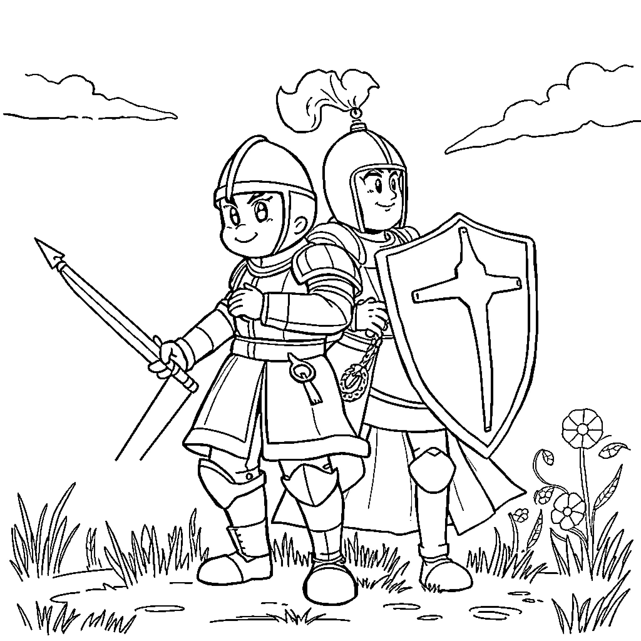 Toupie and Friends Embark on an Adventure Coloring Page (free black-and-white line drawing printable PDF for all, from beginners to advanced learners, including children, teens, adults, and seniors)
