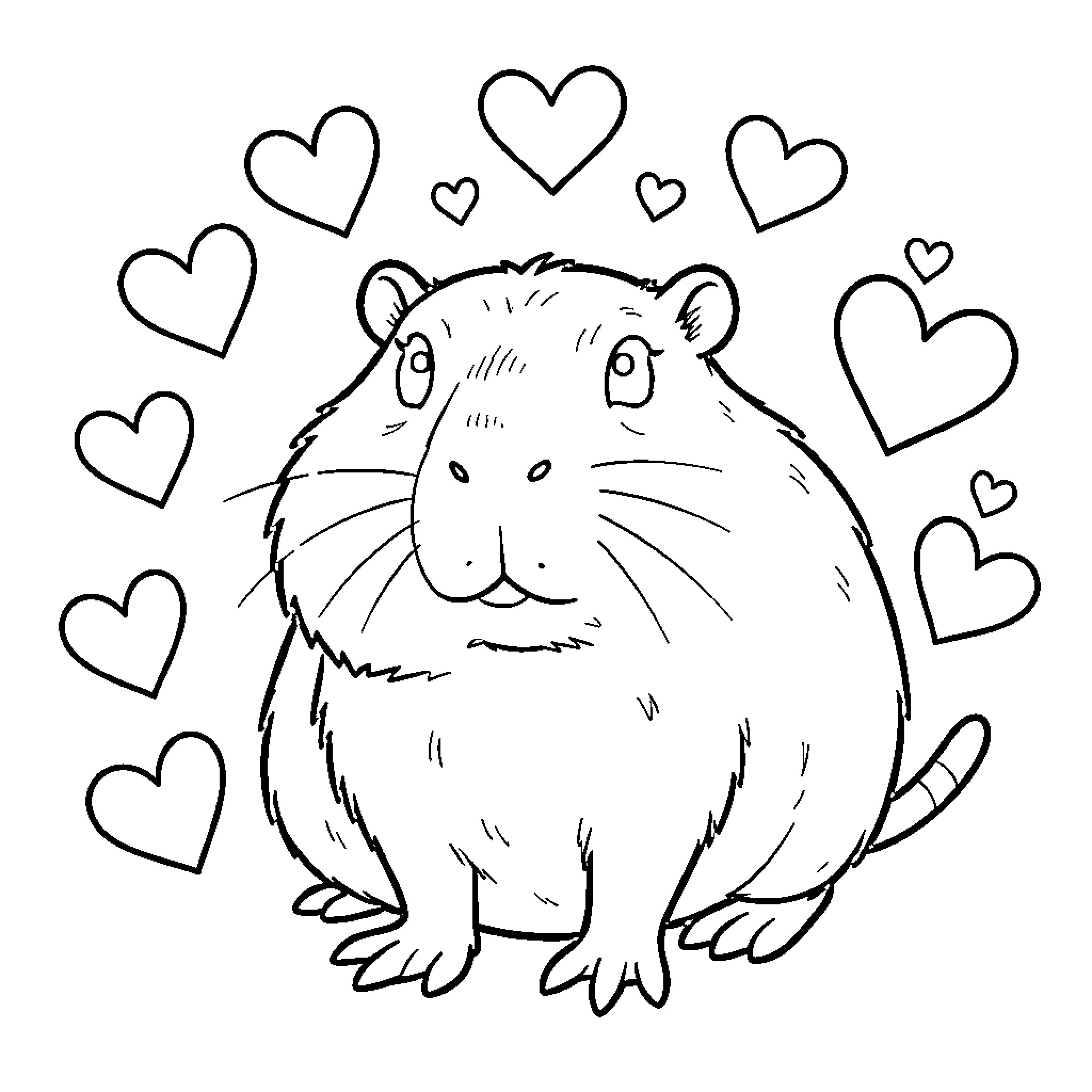 Capybara surrounded by floating hearts with a gentle expression Coloring Page (free black-and-white line drawing printable PDF for all, from beginners to advanced learners, including children, teens, adults, and seniors)
