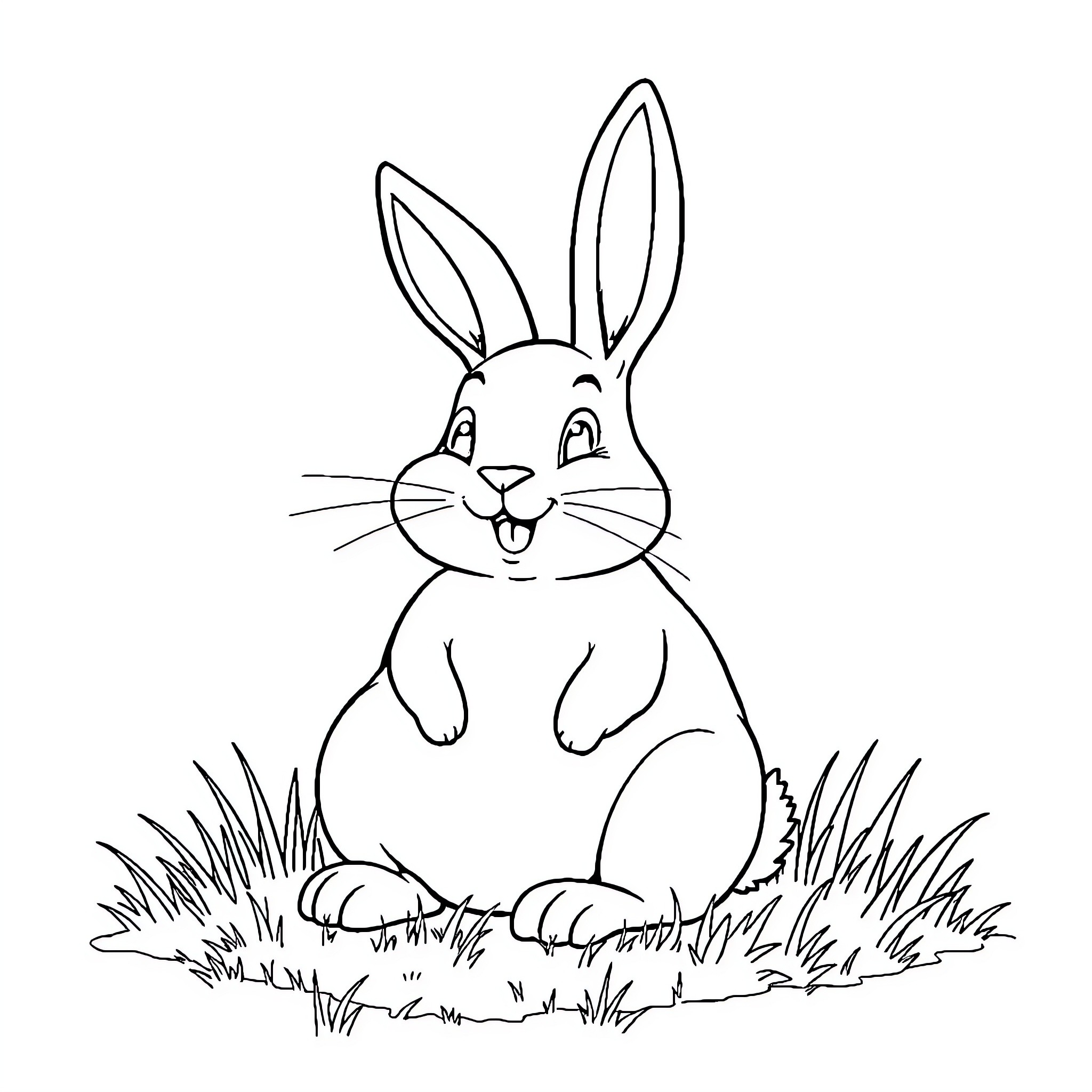 Bunny sitting happily in the grass Coloring Page (free black-and-white line drawing printable PDF for all, from beginners to advanced learners, including children, teens, adults, and seniors)