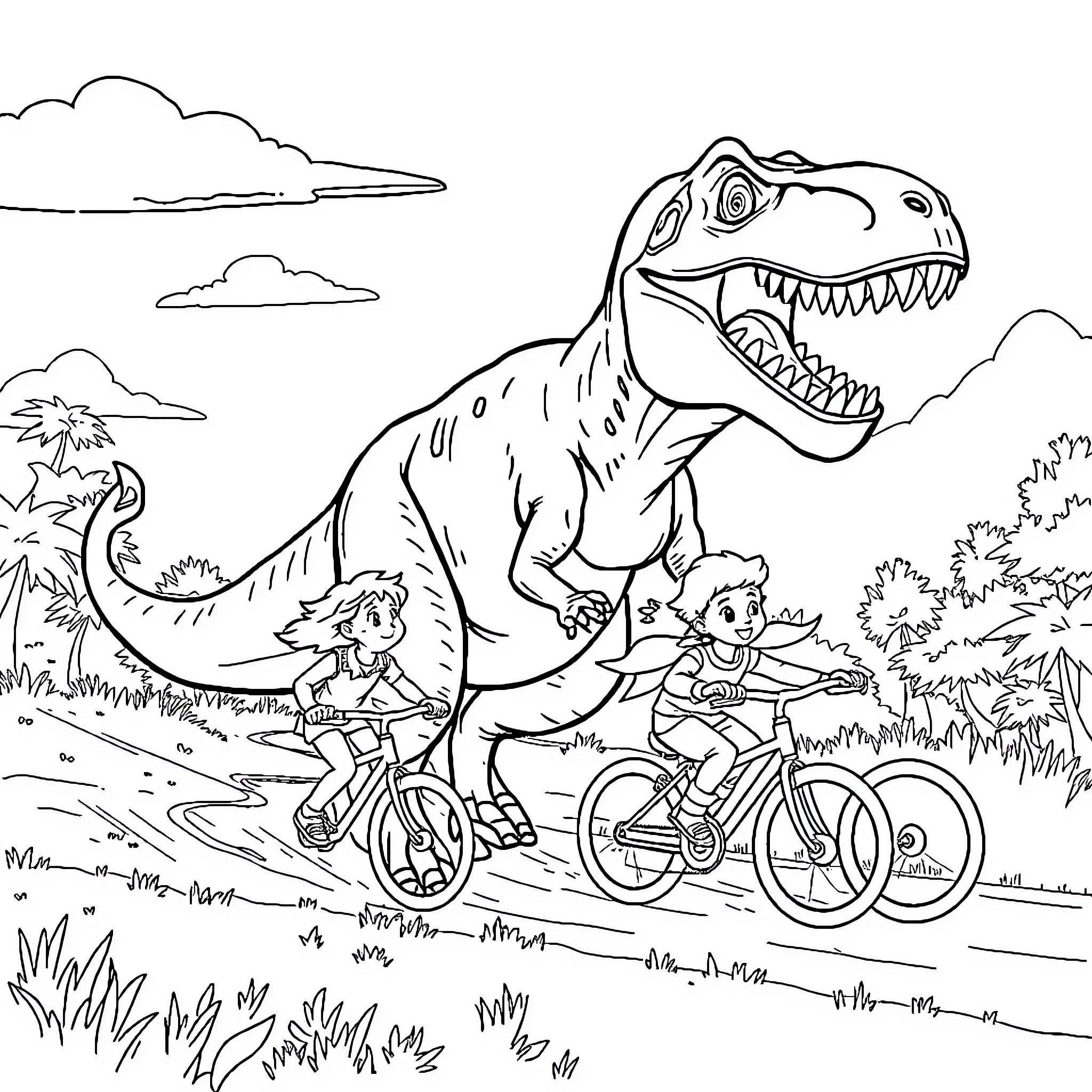 T-Rex chasing children on bicycles in the wild Coloring Page (free black-and-white line drawing printable PDF for all, from beginners to advanced learners, including children, teens, adults, and seniors)