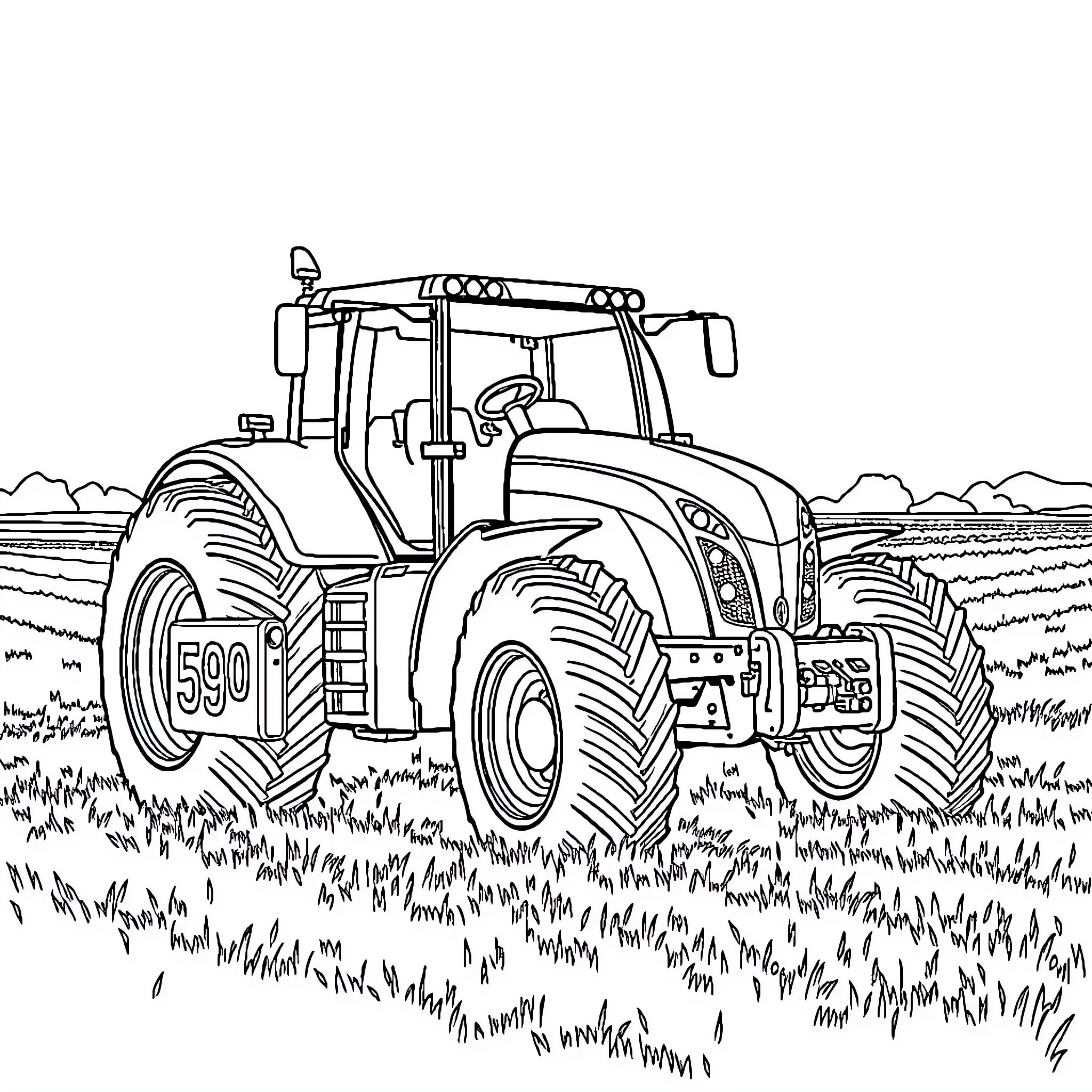 MF 590 Tractor Plowing the Field Coloring Page (free black-and-white line drawing printable PDF for all, from beginners to advanced learners, including children, teens, adults, and seniors)