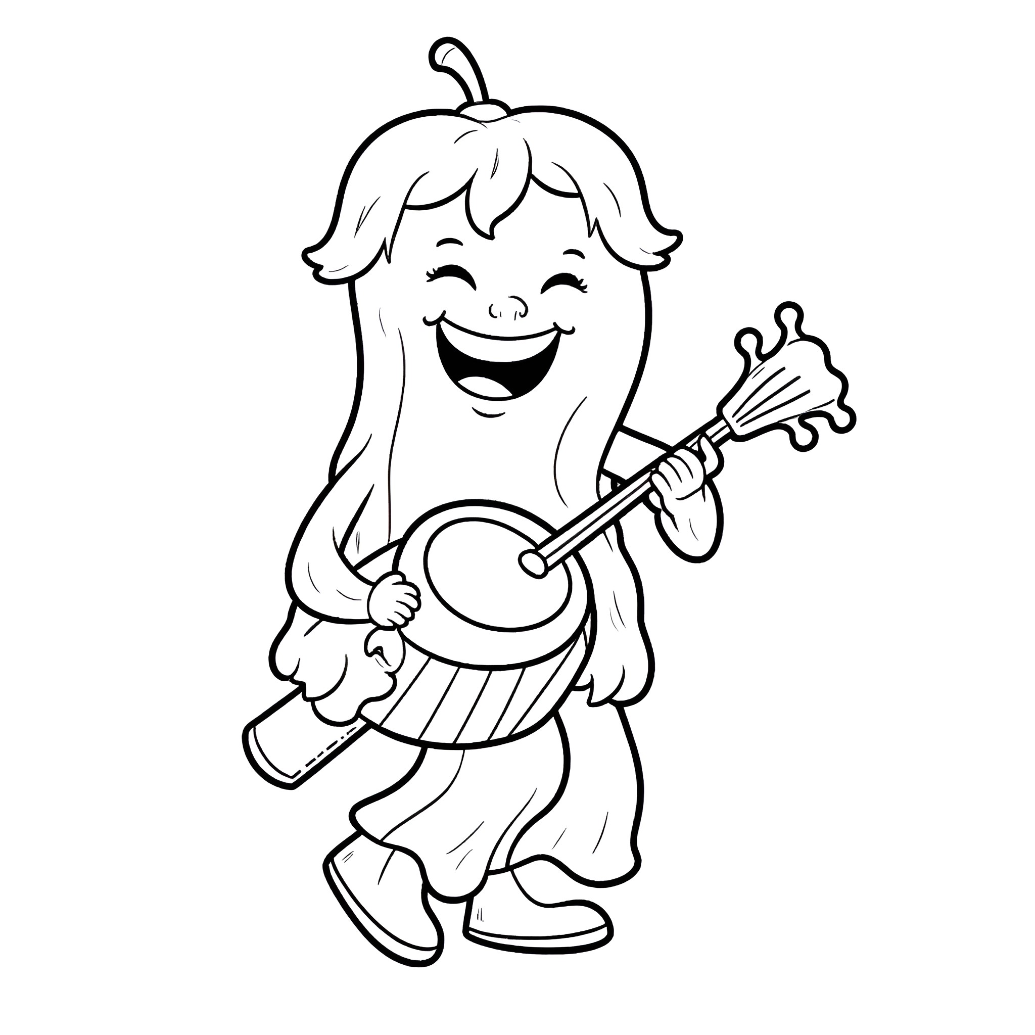 Habanero Pepper Girl Playing Ukulele Coloring Page (free black-and-white line drawing printable PDF for all, from beginners to advanced learners, including children, teens, adults, and seniors)