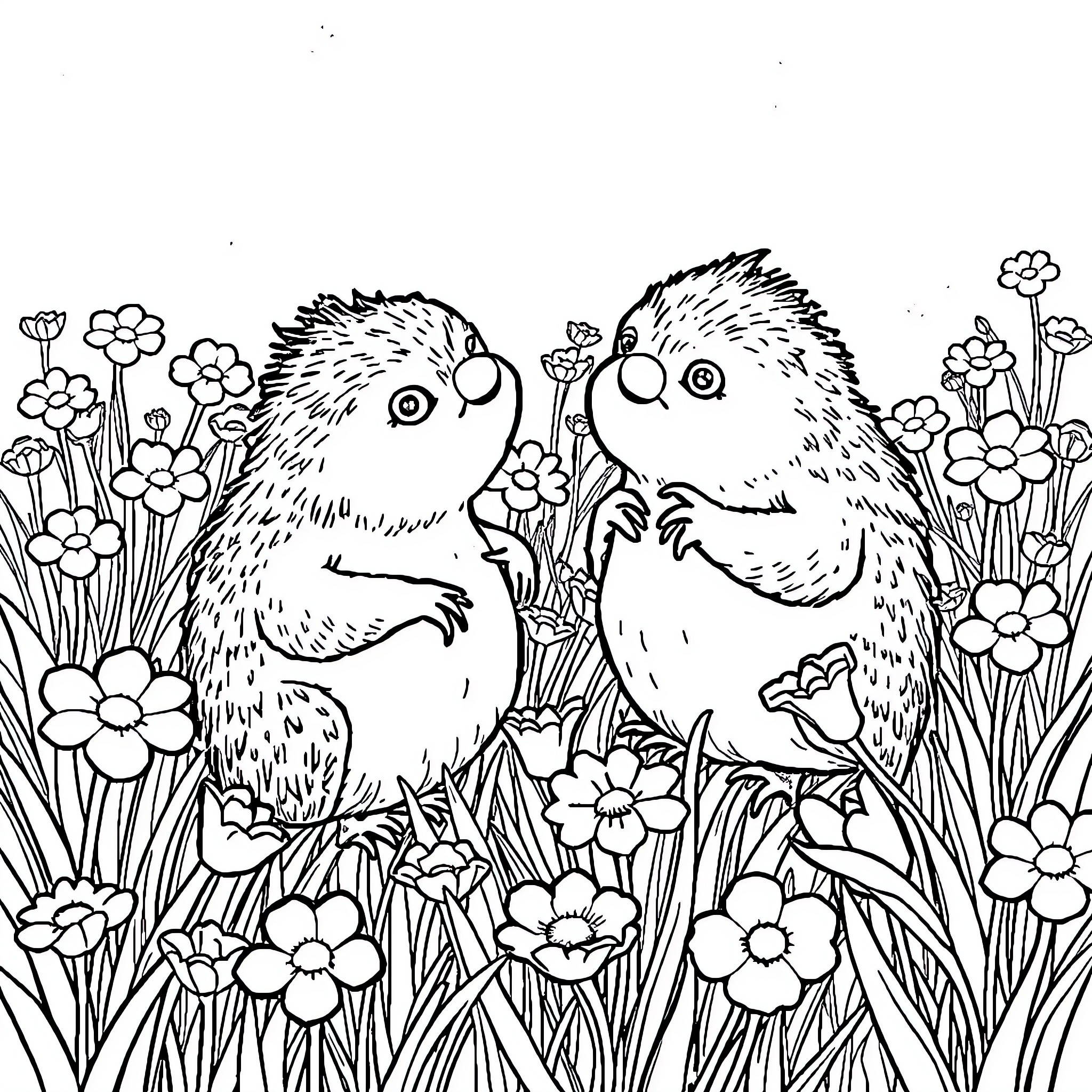 Schtroumpf Creatures Playfully Explore Floral Meadow Coloring Page (free black-and-white line drawing printable PDF for all, from beginners to advanced learners, including children, teens, adults, and seniors)