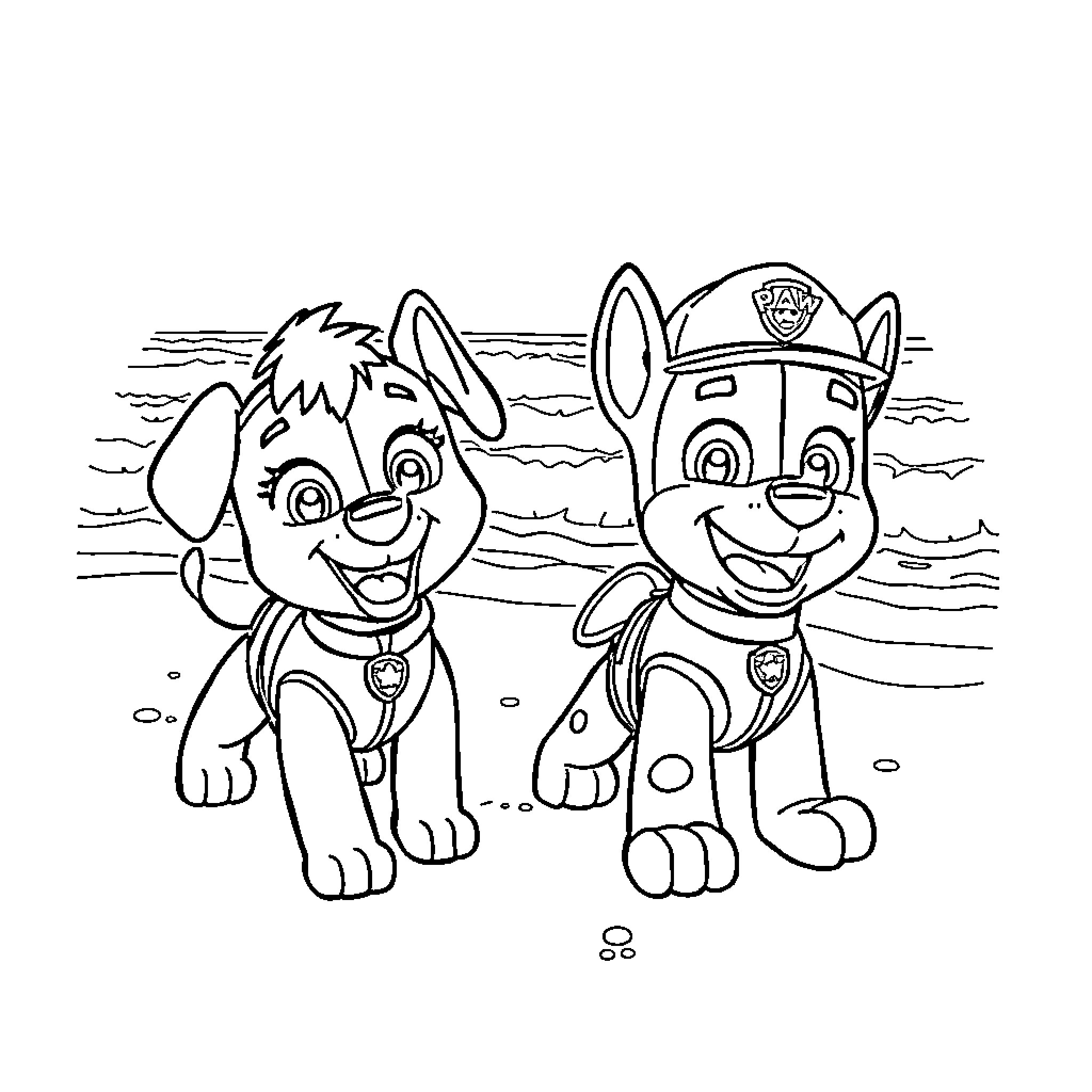Paw Patrol characters enjoying the outdoors Coloring Page (free black-and-white line drawing printable PDF for all, from beginners to advanced learners, including children, teens, adults, and seniors)