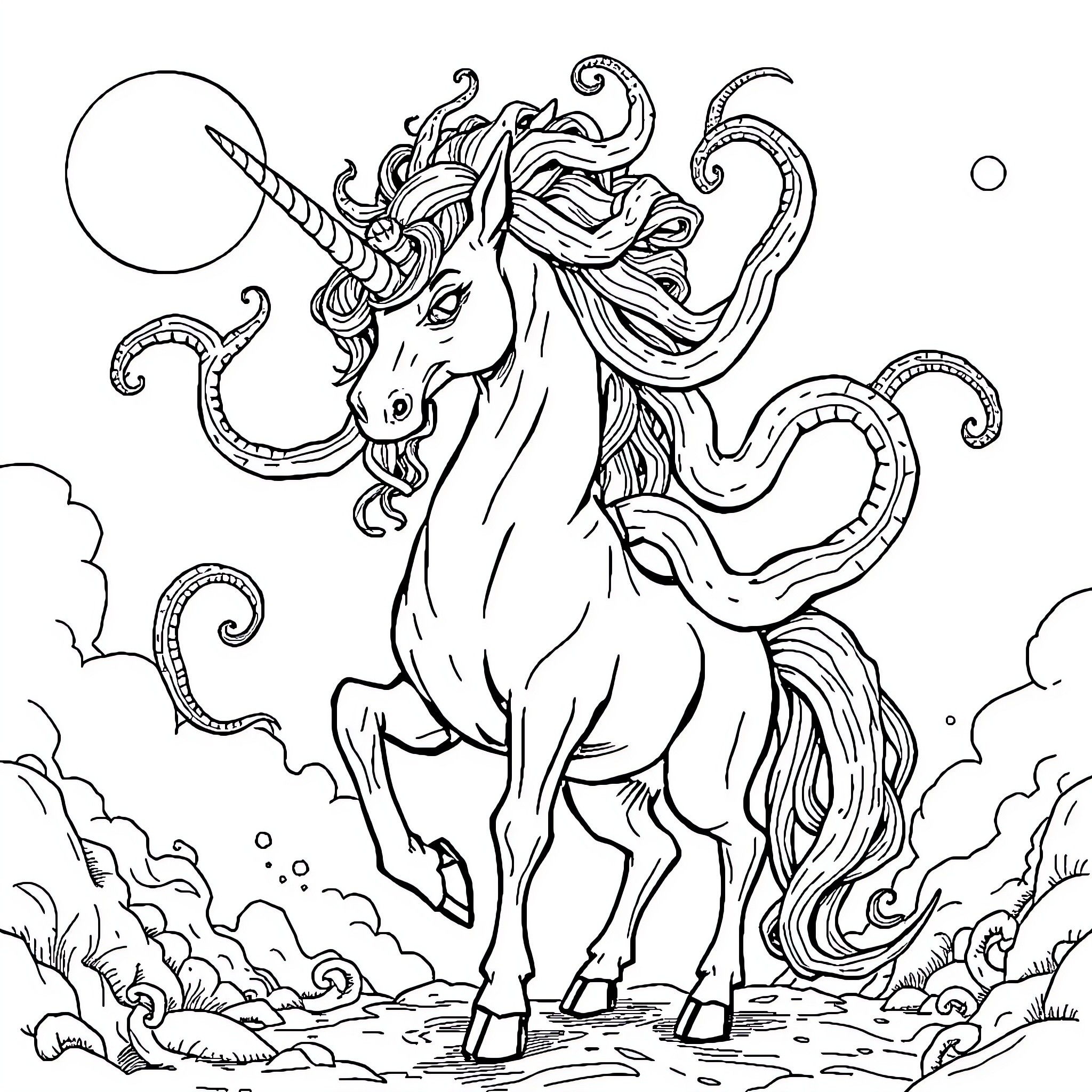 Cthulhu's Cosmic Unicorn: Cosmic Capers in the Cosmos Coloring Page (free black-and-white line drawing printable PDF for all, from beginners to advanced learners, including children, teens, adults, and seniors)