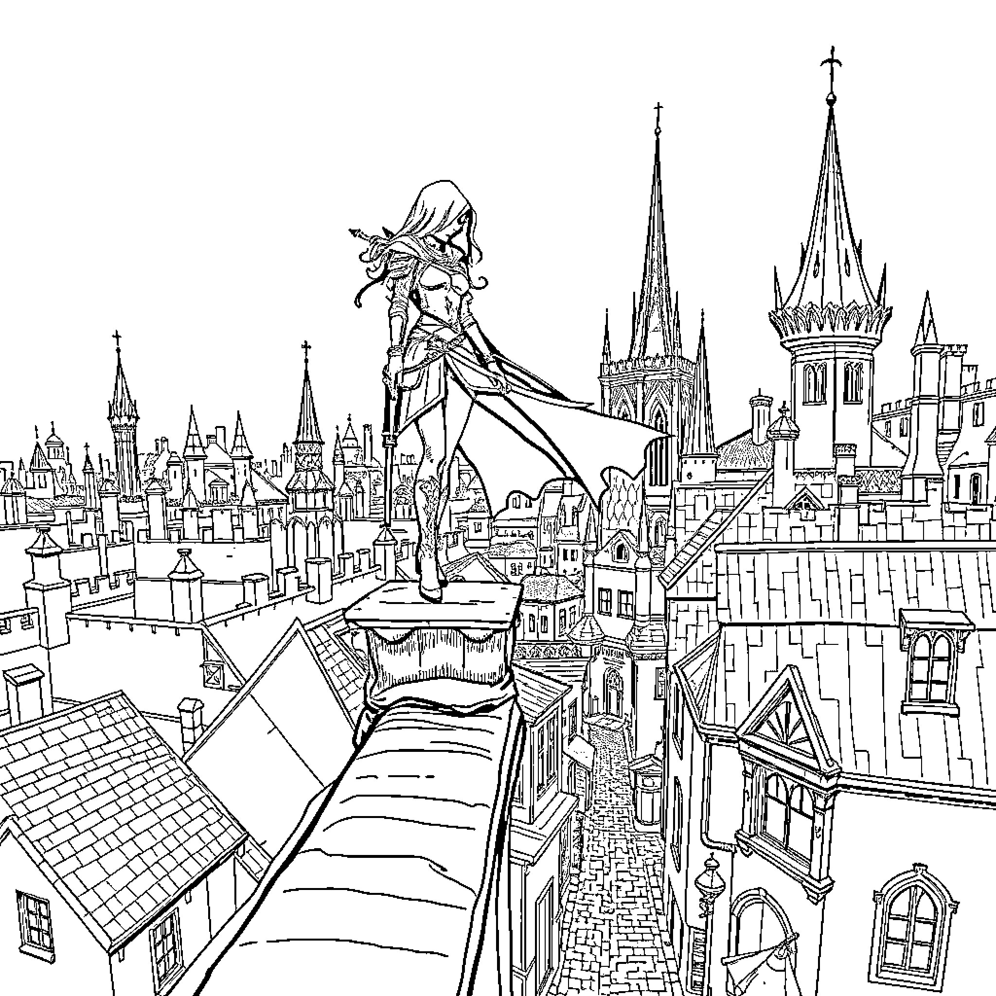 Assassin overlooking an enchanted medieval city Coloring Page (free black-and-white line drawing printable PDF for all, from beginners to advanced learners, including children, teens, adults, and seniors)