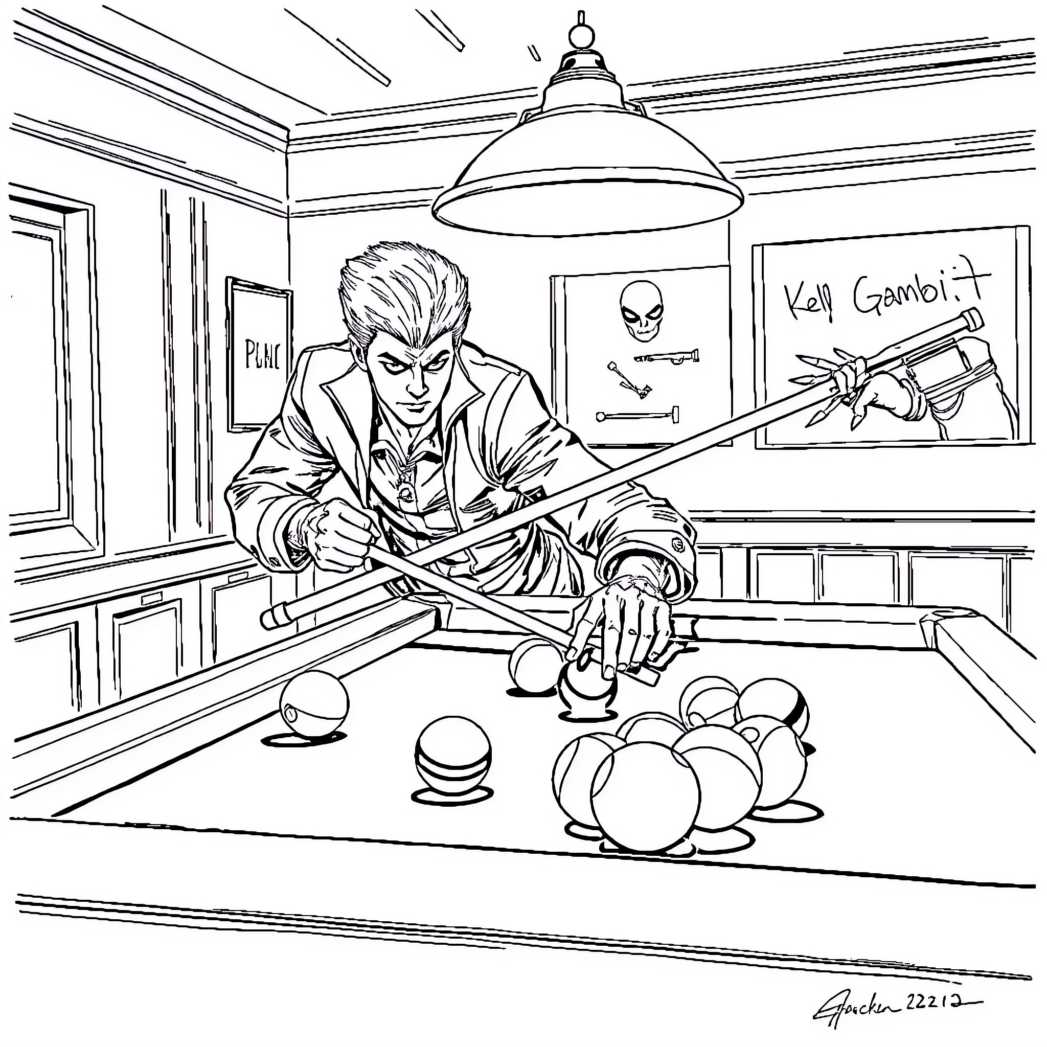 Gambit's Billiard Room Antics Coloring Page (free black-and-white line drawing printable PDF for all, from beginners to advanced learners, including children, teens, adults, and seniors)