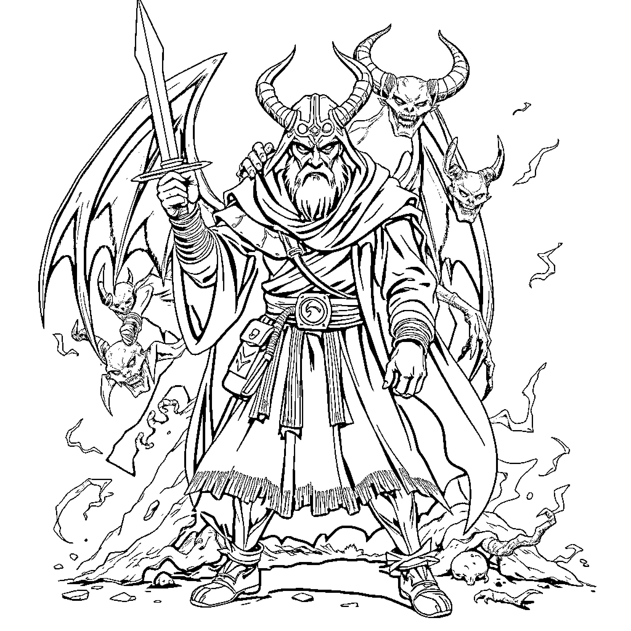 Demon Hunter with Fierce Demeanor and Powerful Weapons Coloring Page (free black-and-white line drawing printable PDF for all, from beginners to advanced learners, including children, teens, adults, and seniors)