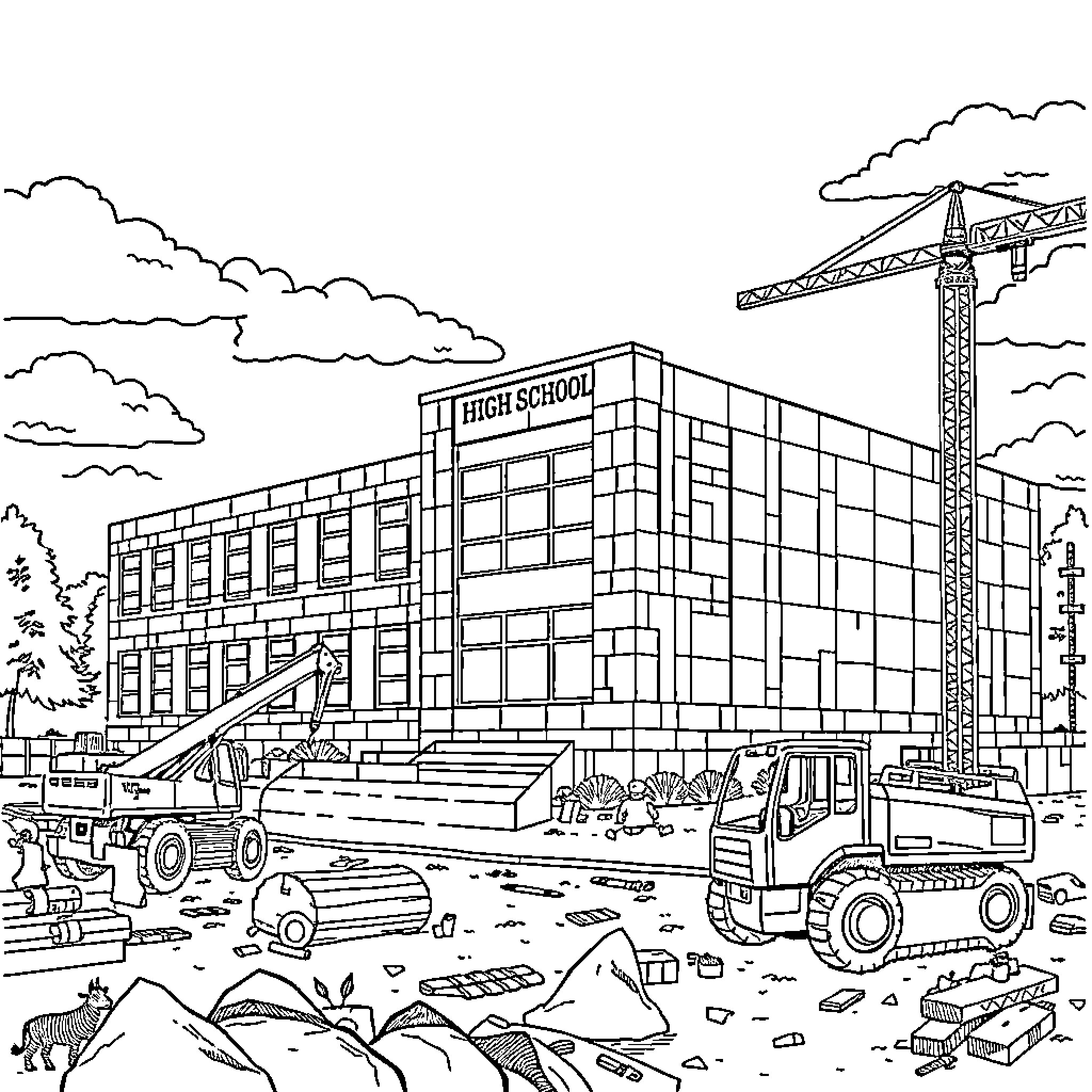 Construction of a high school building with machinery Coloring Page (free black-and-white line drawing printable PDF for all, from beginners to advanced learners, including children, teens, adults, and seniors)
