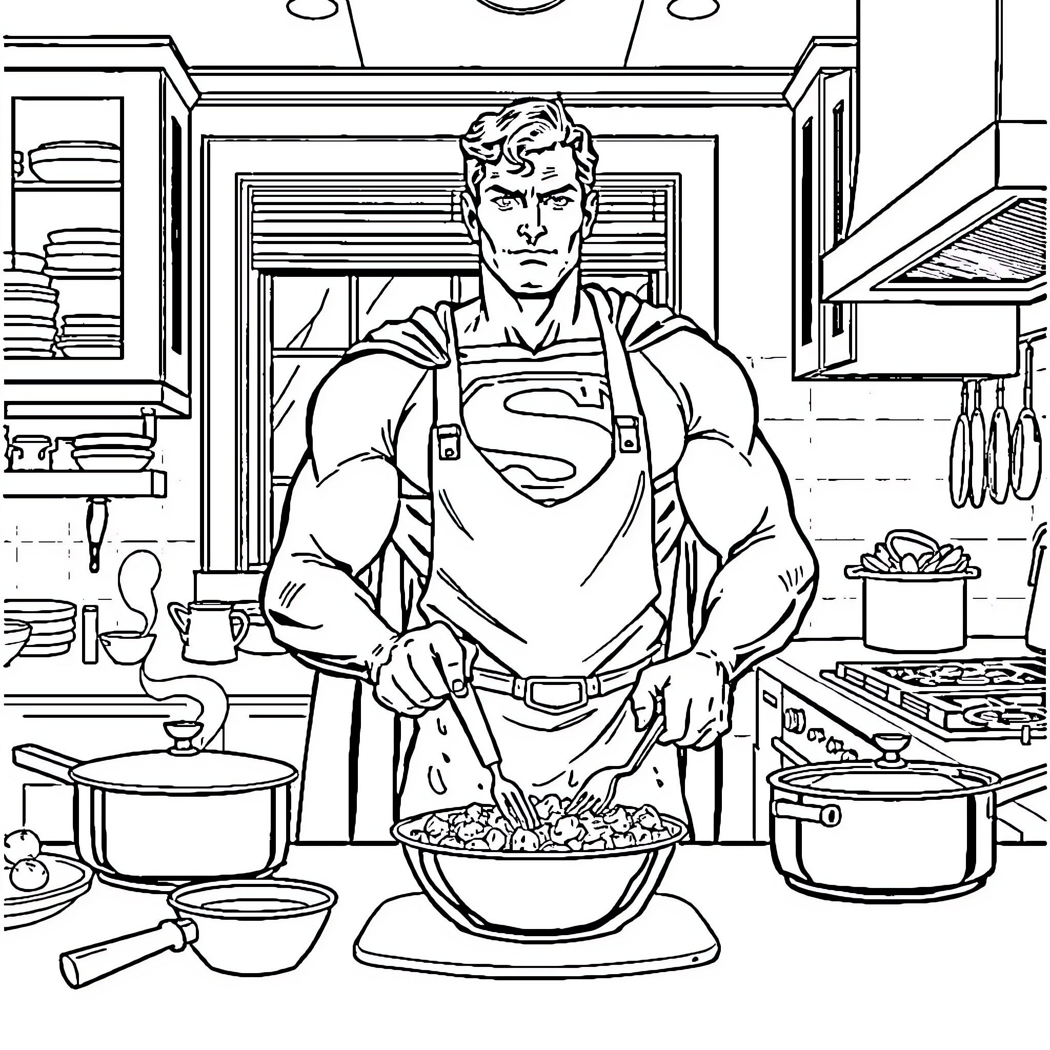 Superman cooking in the kitchen Coloring Page (free black-and-white line drawing printable PDF for all, from beginners to advanced learners, including children, teens, adults, and seniors)