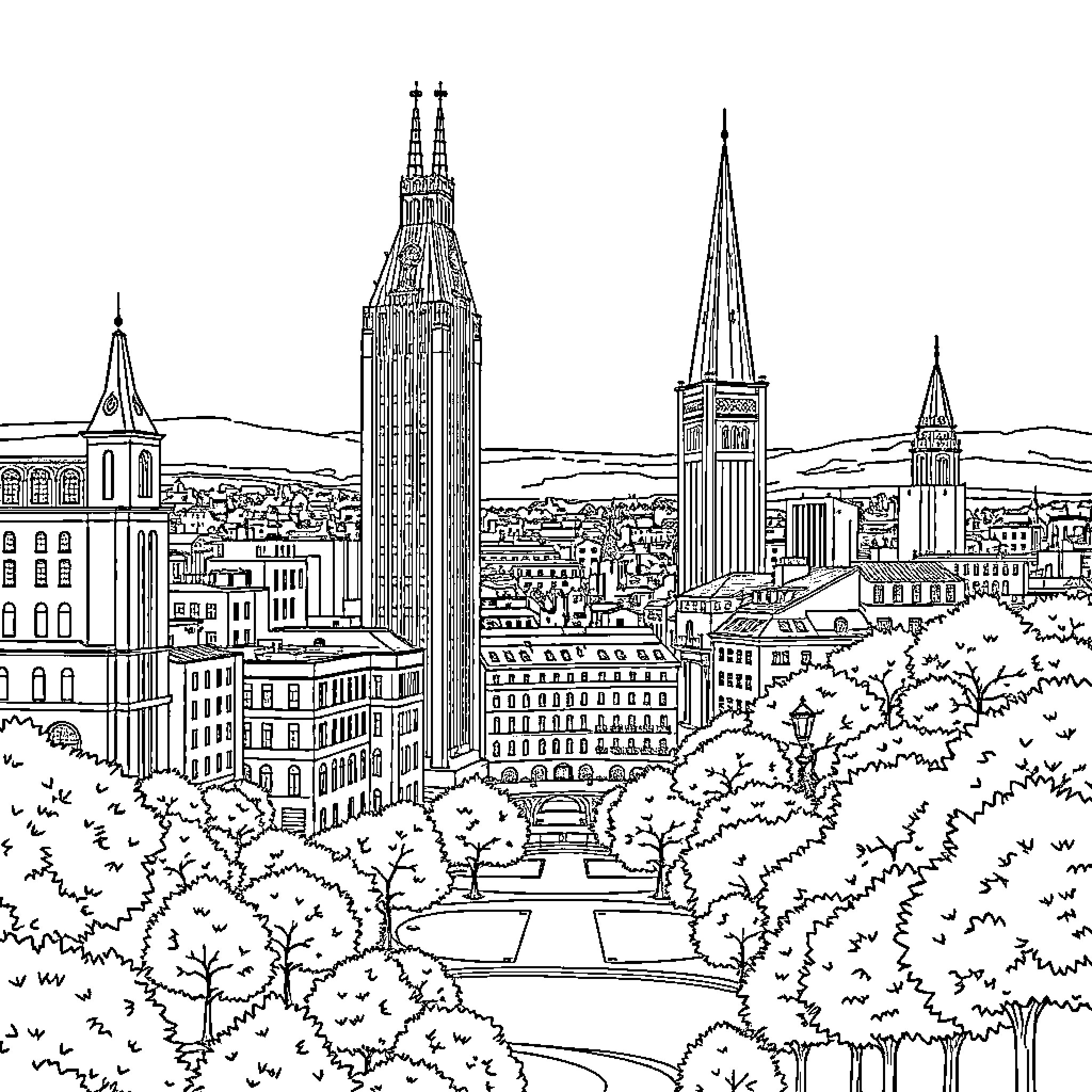 Avignon cityscape with iconic architecture and foliage Coloring Page (free black-and-white line drawing printable PDF for all, from beginners to advanced learners, including children, teens, adults, and seniors)
