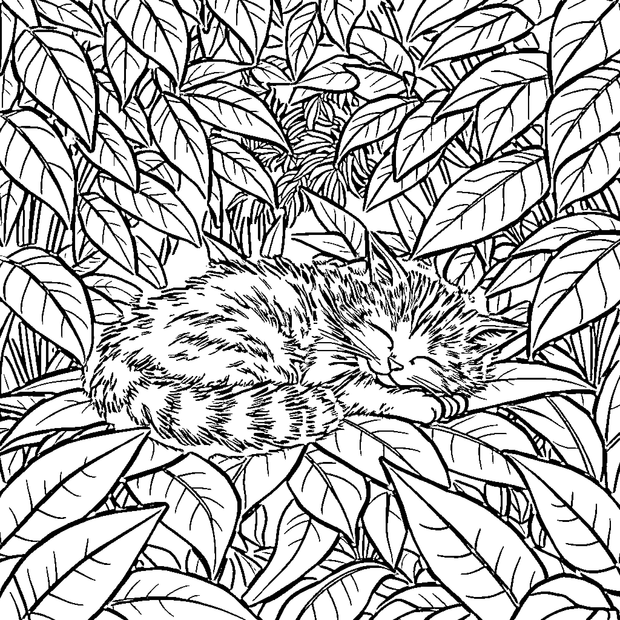 Cat napping among lush foliage Coloring Page (free black-and-white line drawing printable PDF for all, from beginners to advanced learners, including children, teens, adults, and seniors)