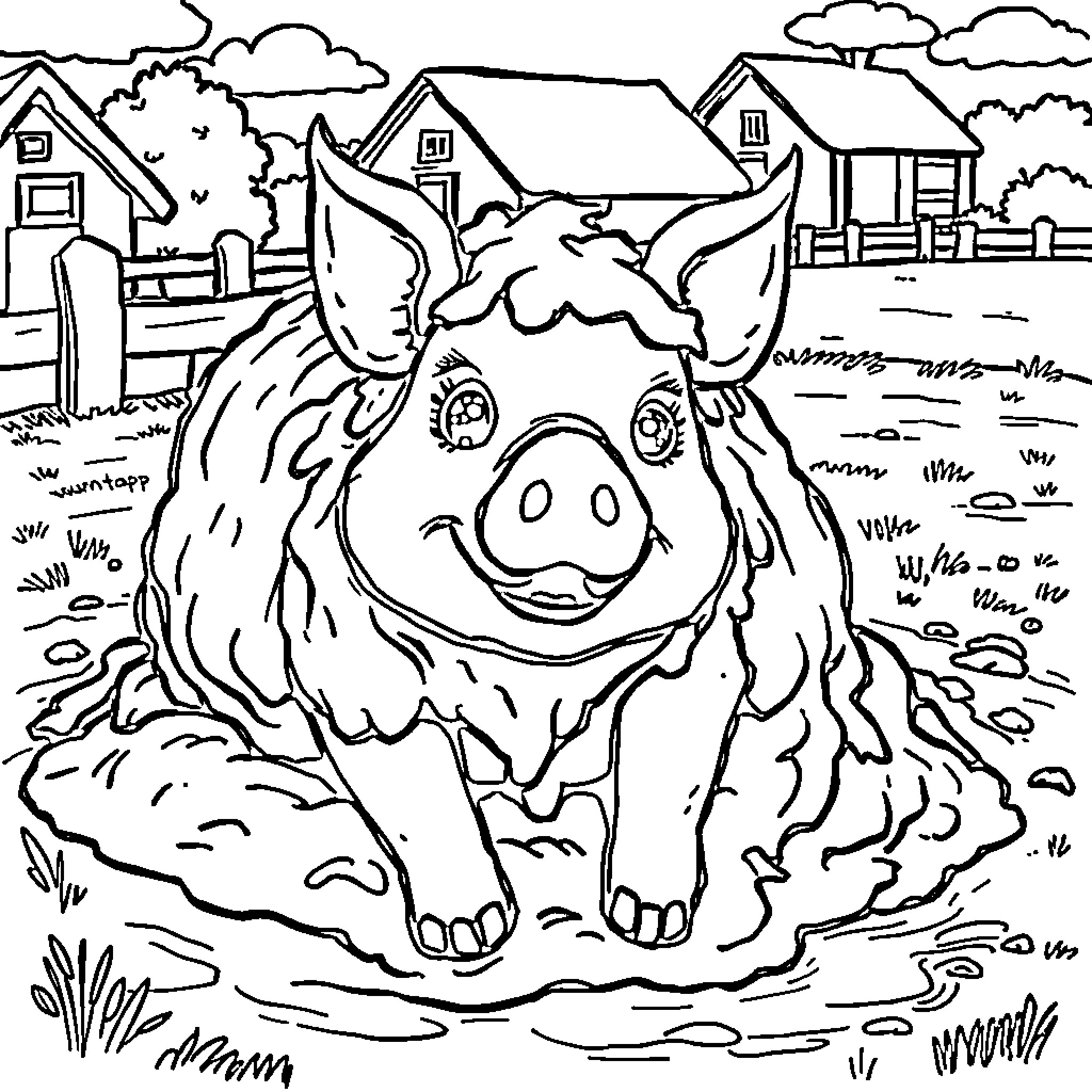Pig enjoying a mud bath in the countryside Coloring Page (free black-and-white line drawing printable PDF for all, from beginners to advanced learners, including children, teens, adults, and seniors)