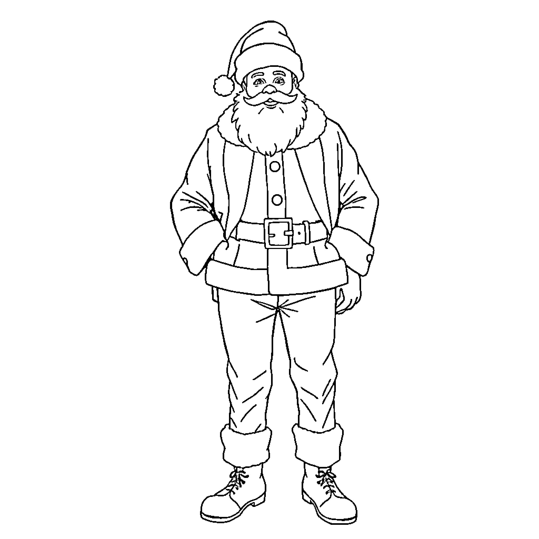 Santa Claus standing in full attire Coloring Page (free black-and-white line drawing printable PDF for all, from beginners to advanced learners, including children, teens, adults, and seniors)