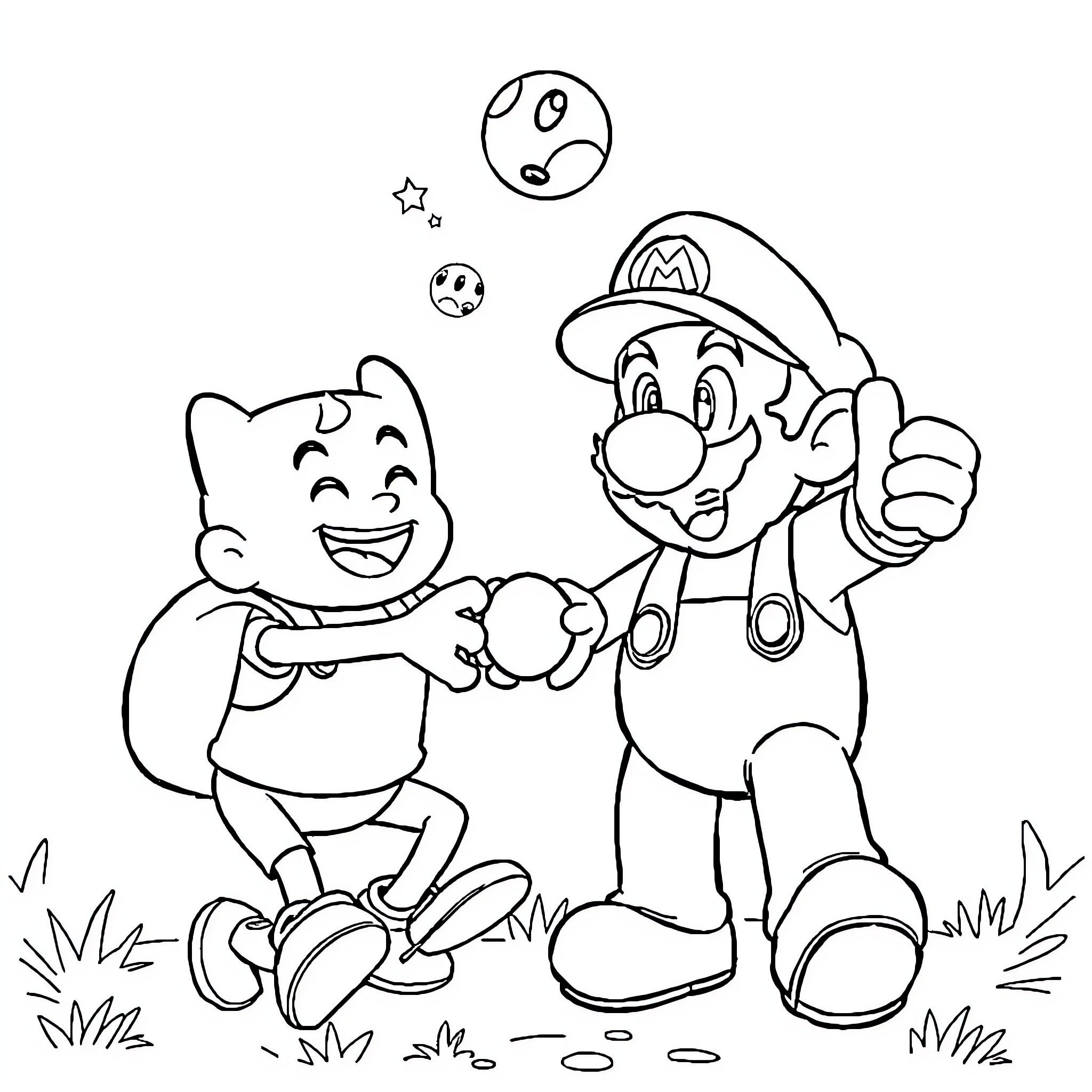 Finn and Mario playing together happily Coloring Page (free black-and-white line drawing printable PDF for all, from beginners to advanced learners, including children, teens, adults, and seniors)