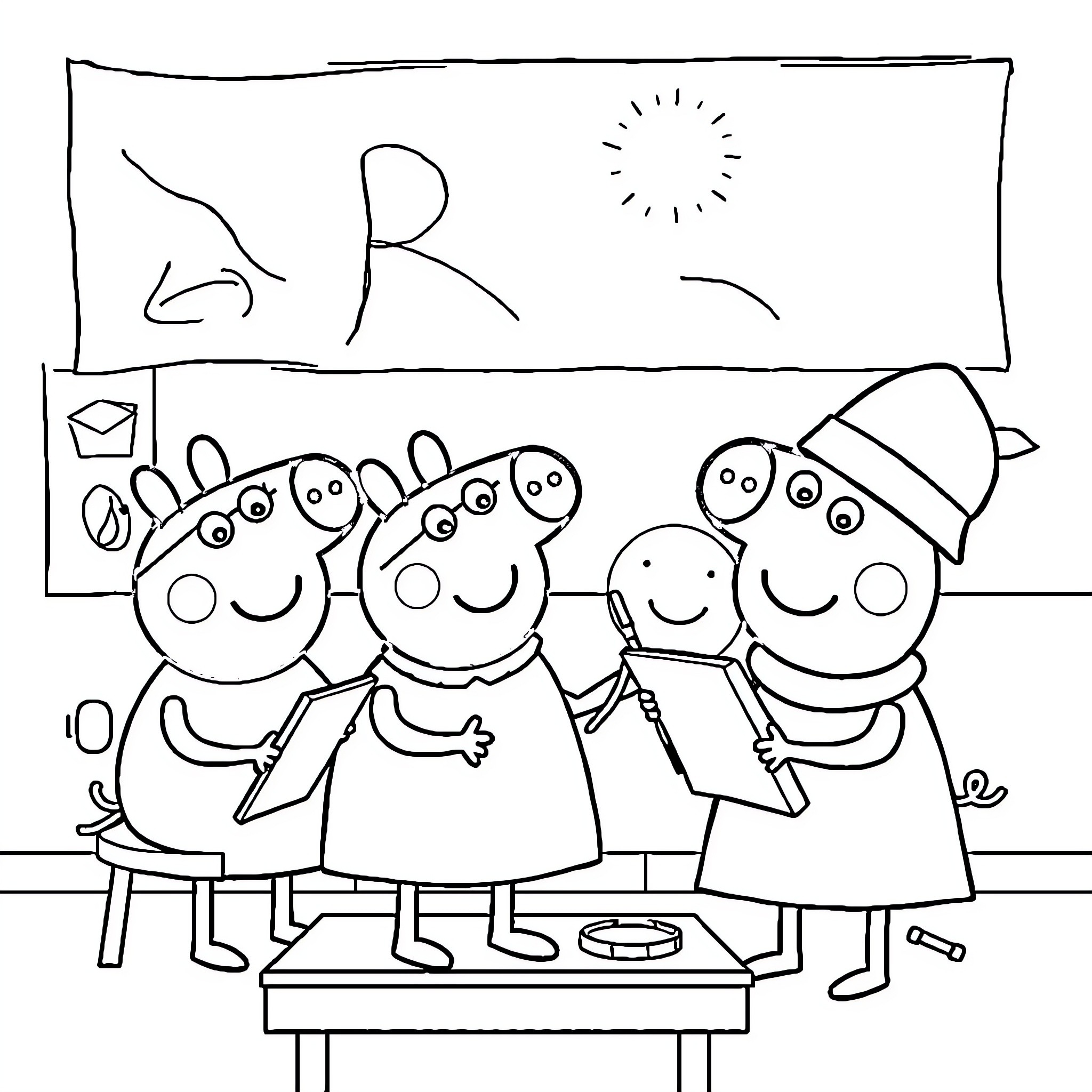 Peppa Pig and friends having fun at school Coloring Page (free black-and-white line drawing printable PDF for all, from beginners to advanced learners, including children, teens, adults, and seniors)