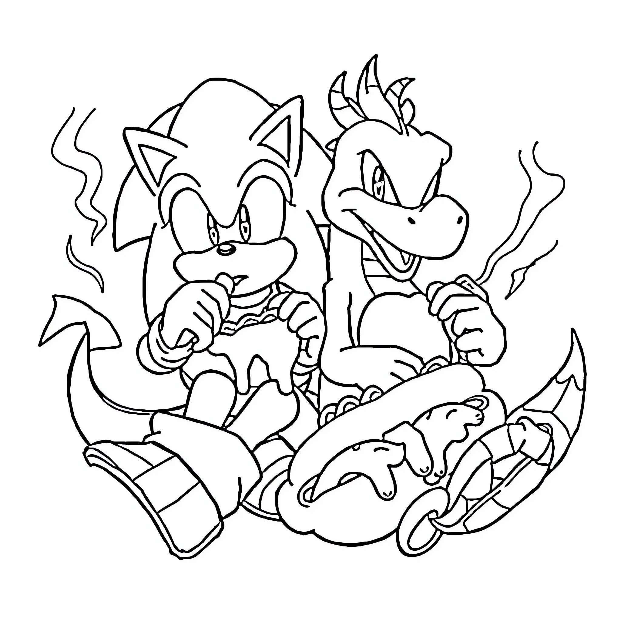Sonic and Knuckles playfully interacting Coloring Page (free black-and-white line drawing printable PDF for all, from beginners to advanced learners, including children, teens, adults, and seniors)