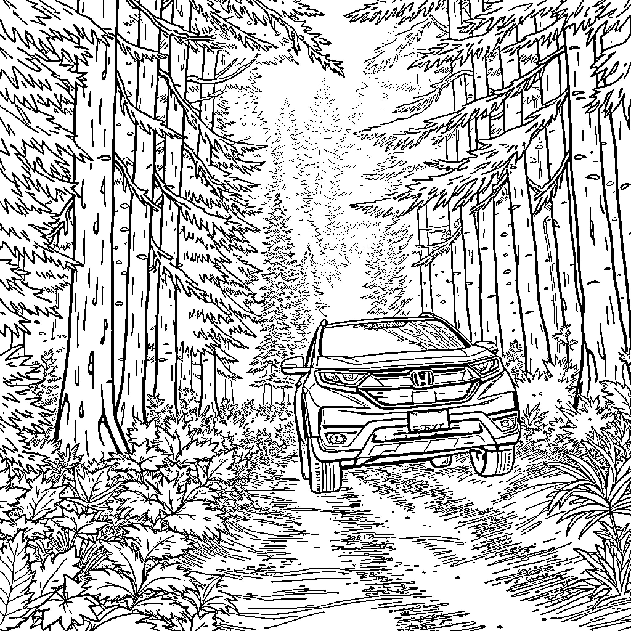 Honda CRV Traversing Through Lush Forest Landscape Coloring Page (free black-and-white line drawing printable PDF for all, from beginners to advanced learners, including children, teens, adults, and seniors)