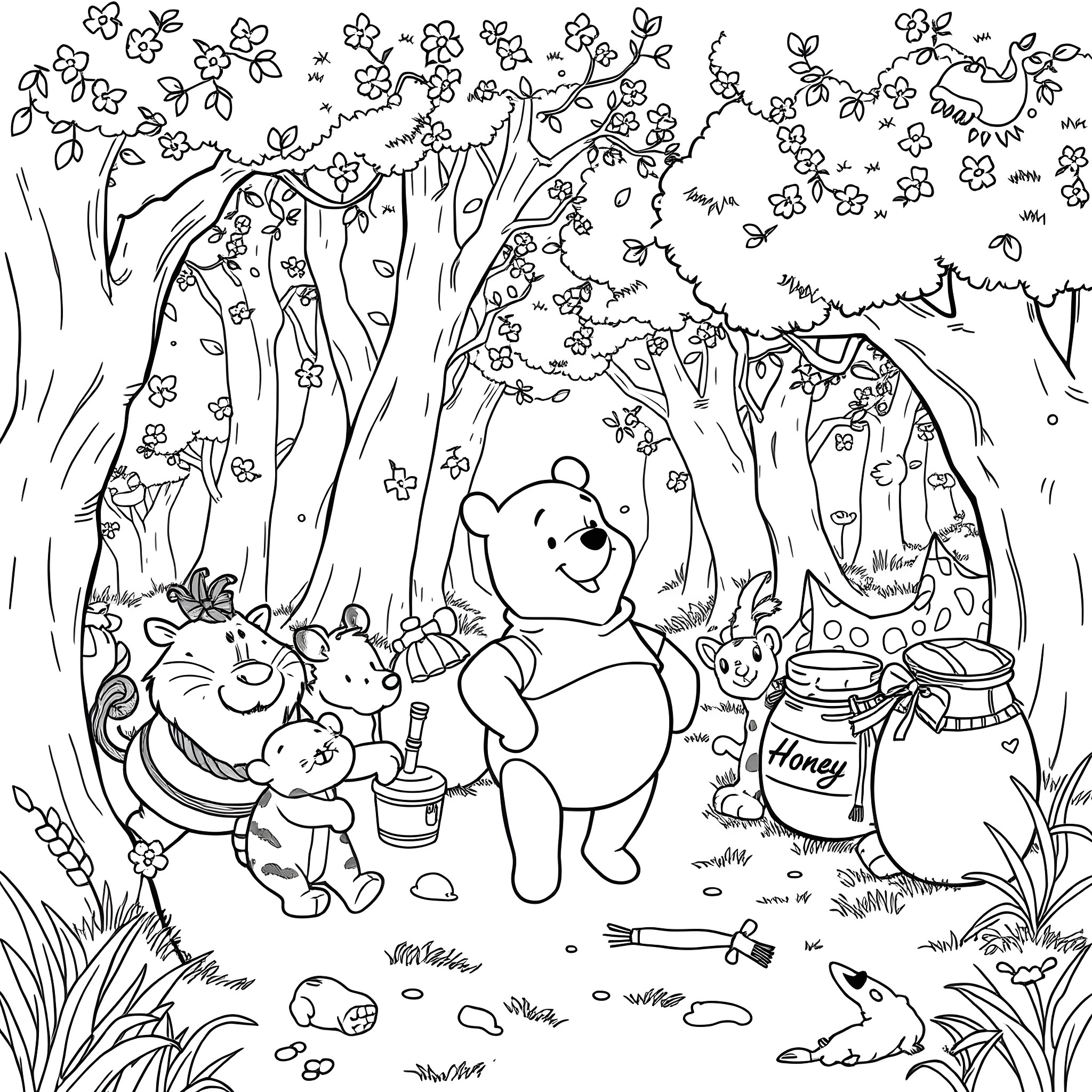 Winnie Pooh and friends picnicking in the Enchanted Forest Coloring Page (free black-and-white line drawing printable PDF for all, from beginners to advanced learners, including children, teens, adults, and seniors)