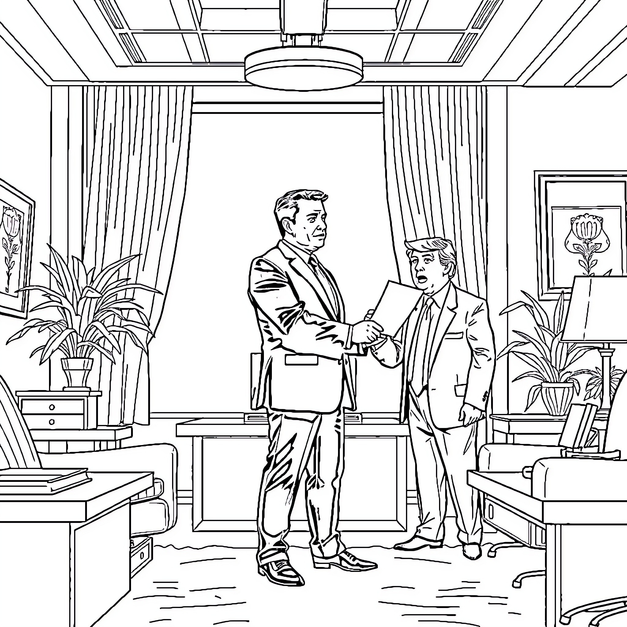 Elon Musk Meets with Business Partner in Office Coloring Page (free black-and-white line drawing printable PDF for all, from beginners to advanced learners, including children, teens, adults, and seniors)