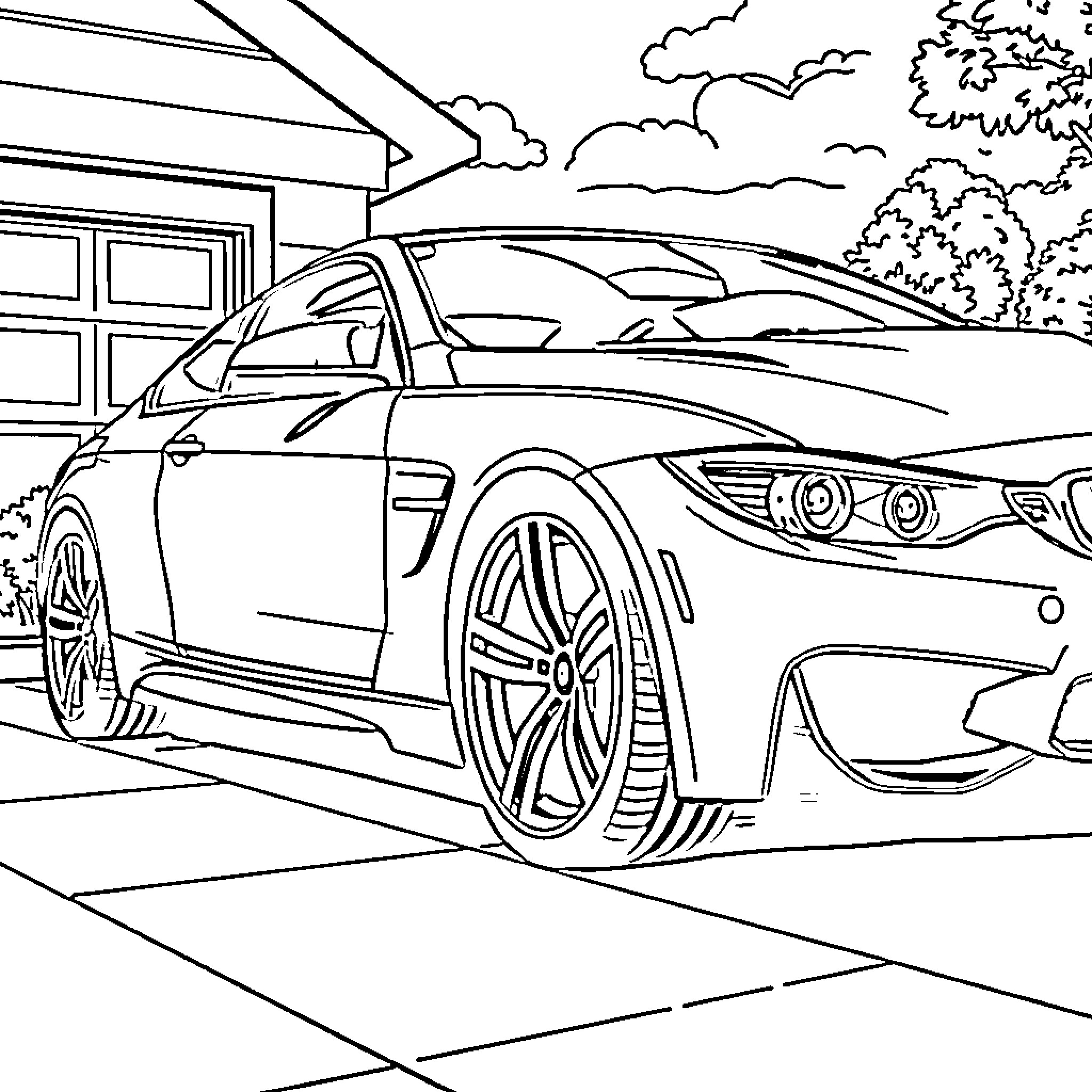 BMW sports car parked in driveway Coloring Page (free black-and-white line drawing printable PDF for all, from beginners to advanced learners, including children, teens, adults, and seniors)