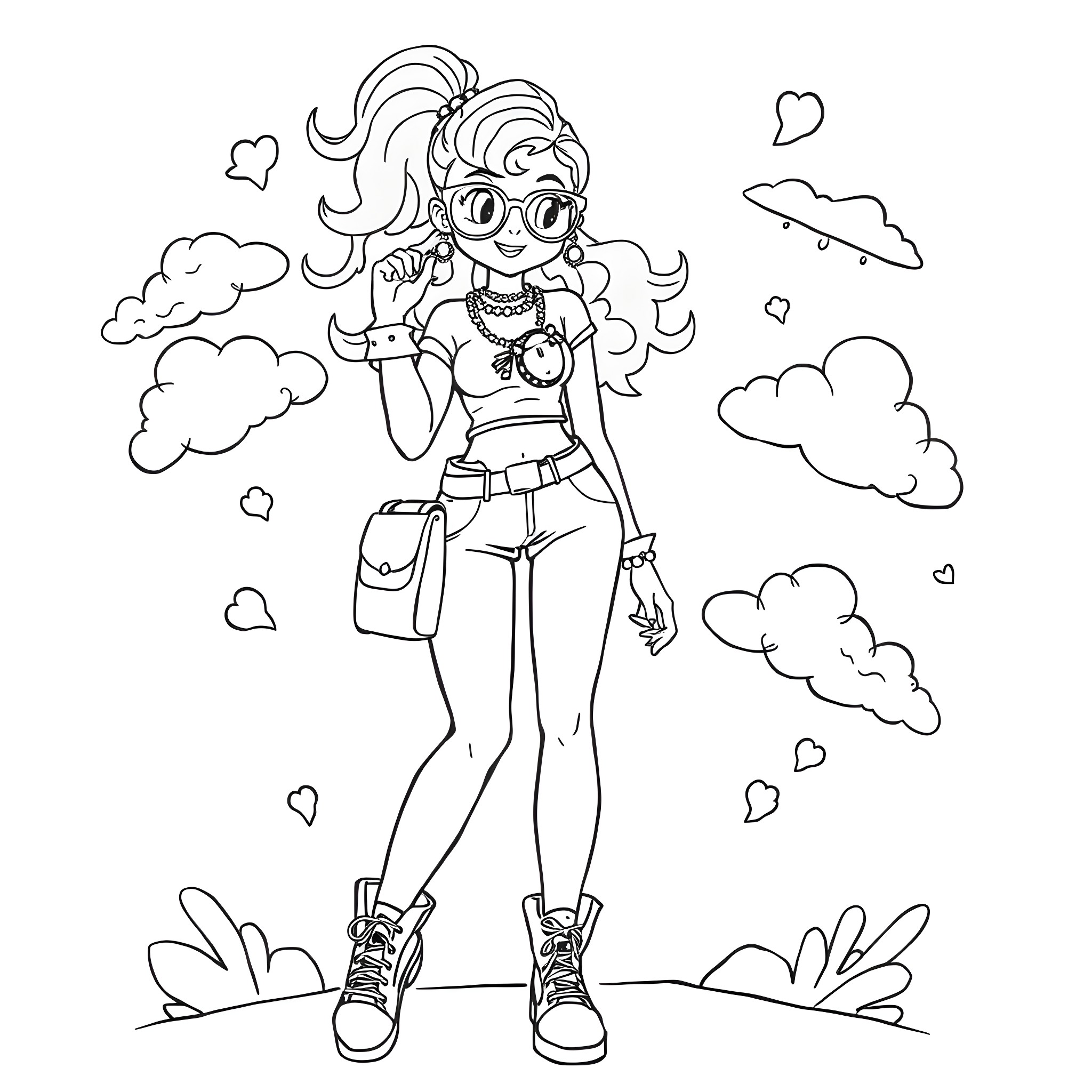 Femboy exploring the whimsical outdoors Coloring Page (free black-and-white line drawing printable PDF for all, from beginners to advanced learners, including children, teens, adults, and seniors)