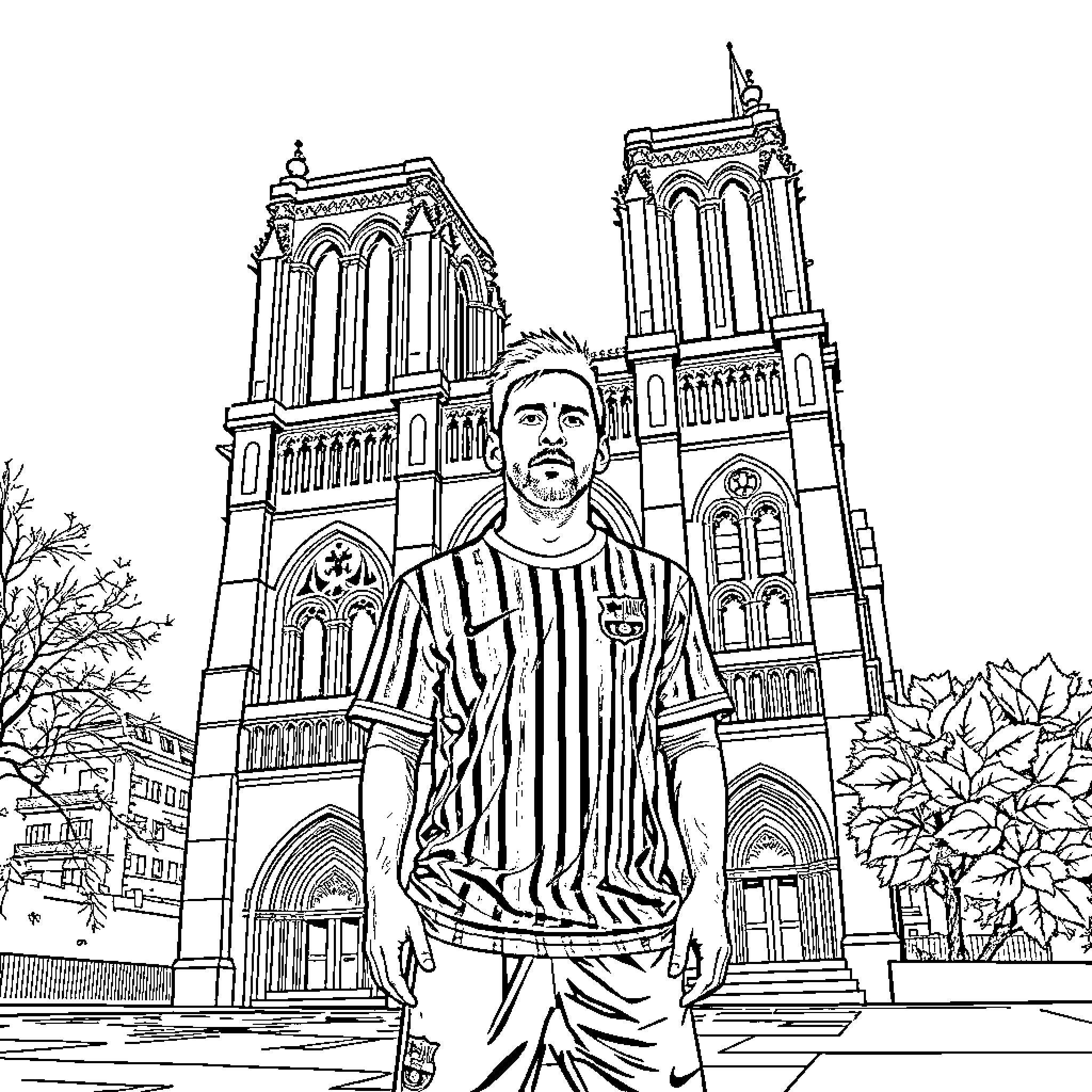 Notre-Dame Cathedral and Man Standing Outside Coloring Page (free black-and-white line drawing printable PDF for all, from beginners to advanced learners, including children, teens, adults, and seniors)