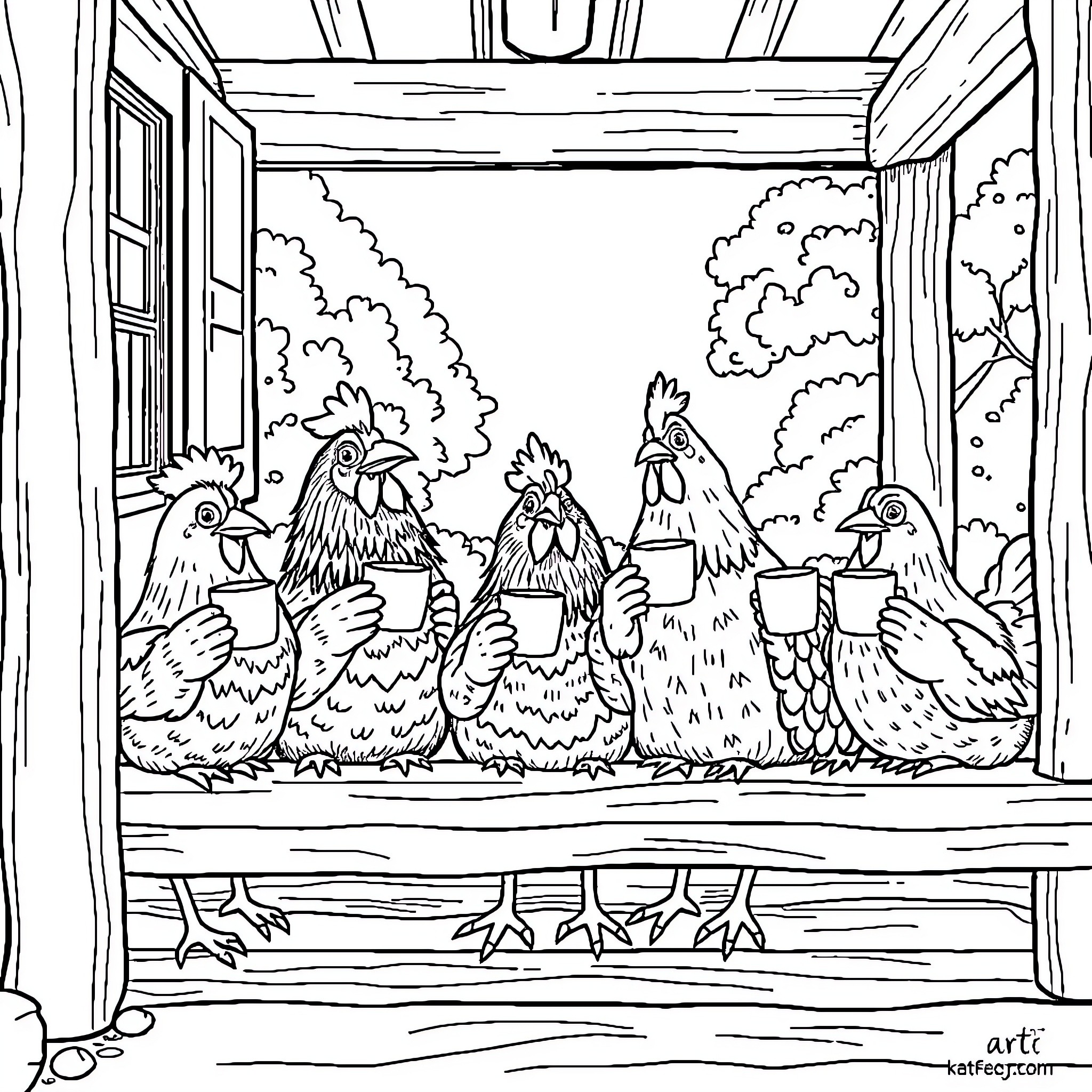 Chicken friends gather near the window Coloring Page (free black-and-white line drawing printable PDF for all, from beginners to advanced learners, including children, teens, adults, and seniors)