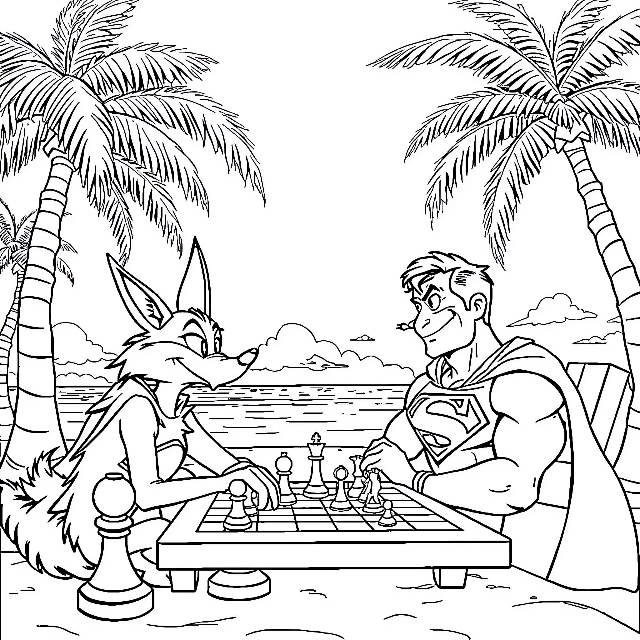 Wiley Coyote and Superhero Engage in Chess Match on Tropical Beach Coloring Page (free black-and-white line drawing printable PDF for all, from beginners to advanced learners, including children, teens, adults, and seniors)