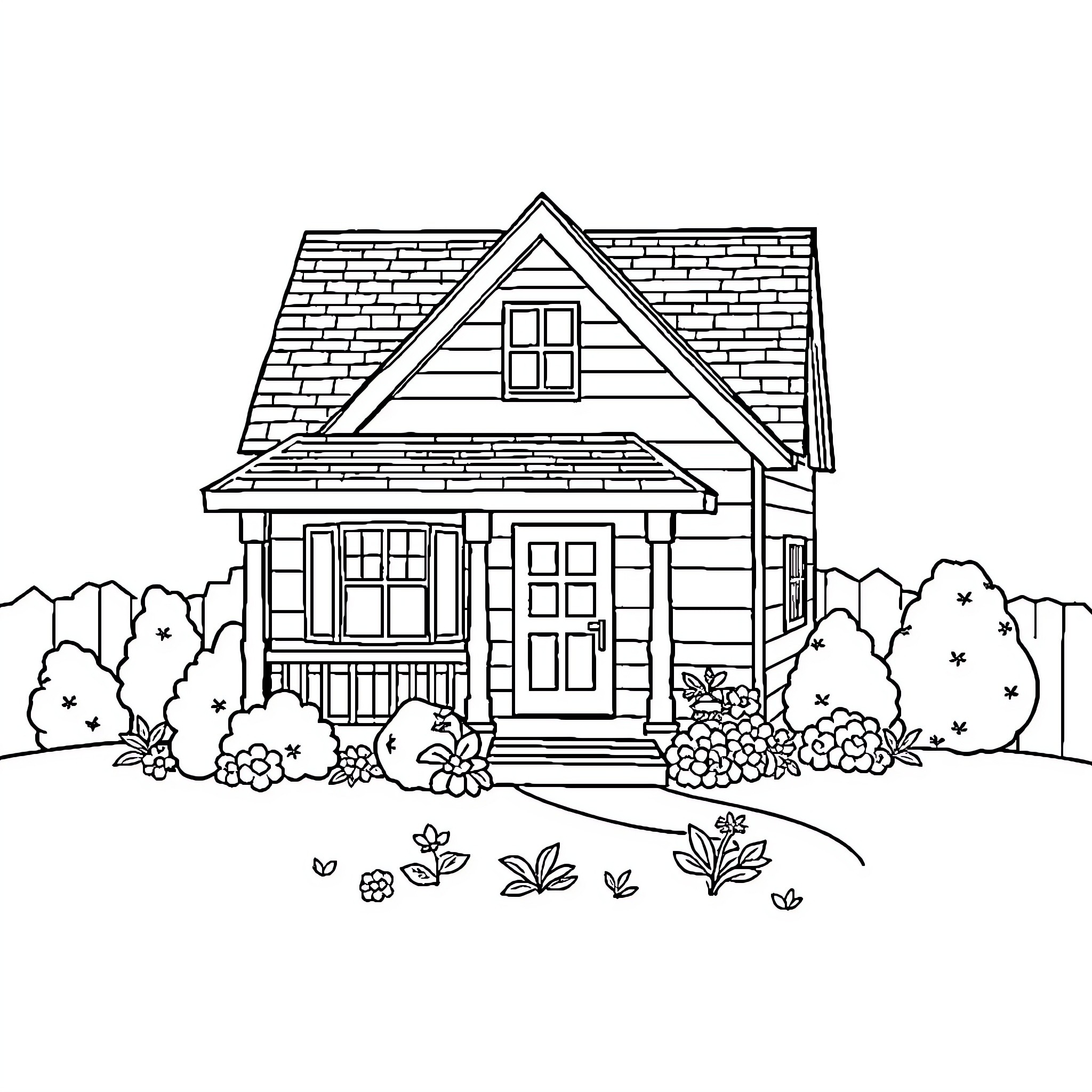 House with flowering plants in the yard Coloring Page (free black-and-white line drawing printable PDF for all, from beginners to advanced learners, including children, teens, adults, and seniors)