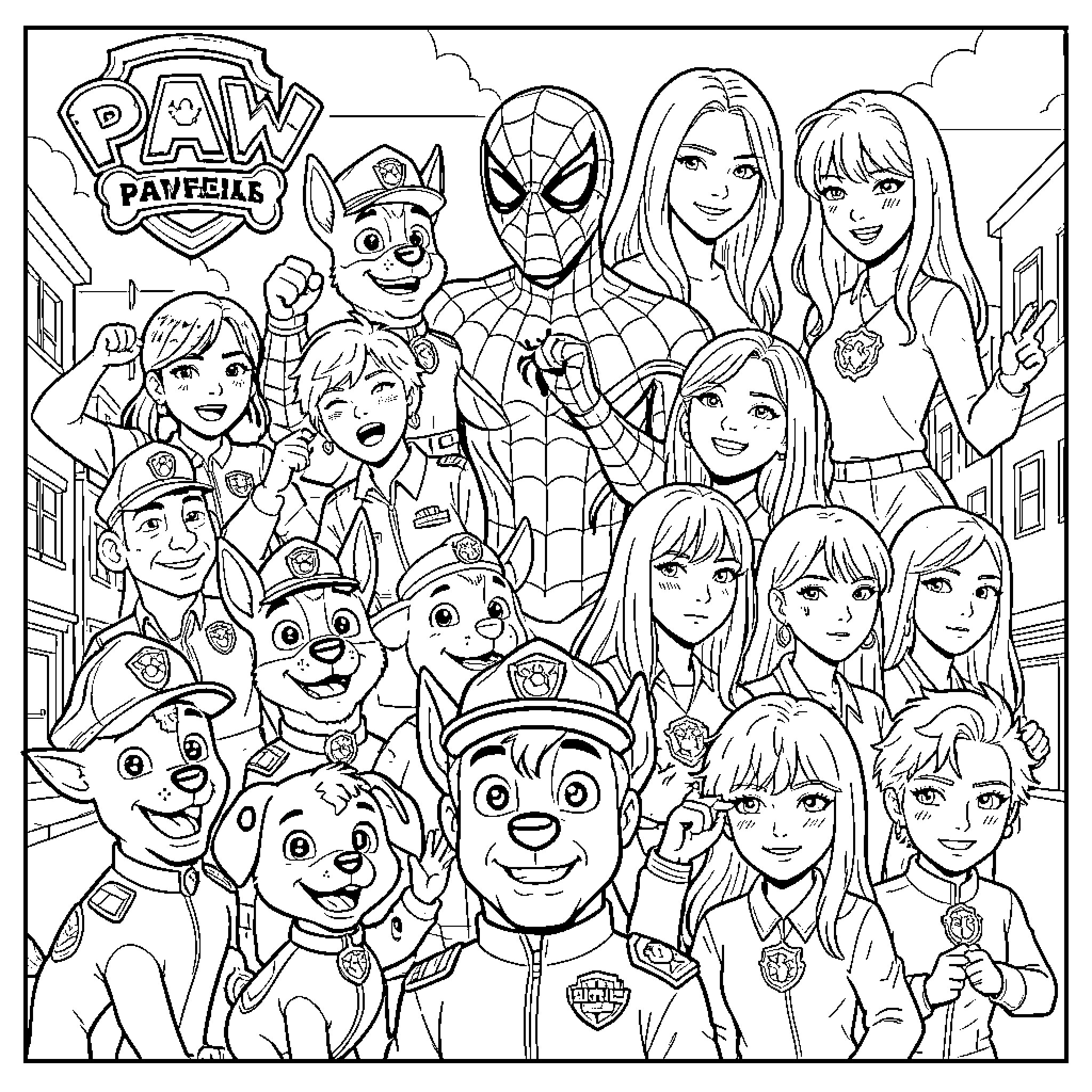 Spiderman posing with various heroic characters and friends Coloring Page (free black-and-white line drawing printable PDF for all, from beginners to advanced learners, including children, teens, adults, and seniors)