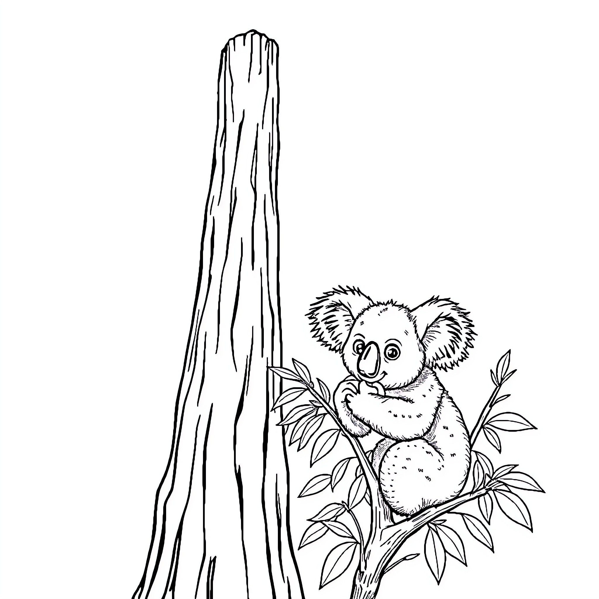 Tree with a Curious Koala Coloring Page (free black-and-white line drawing printable PDF for all, from beginners to advanced learners, including children, teens, adults, and seniors)