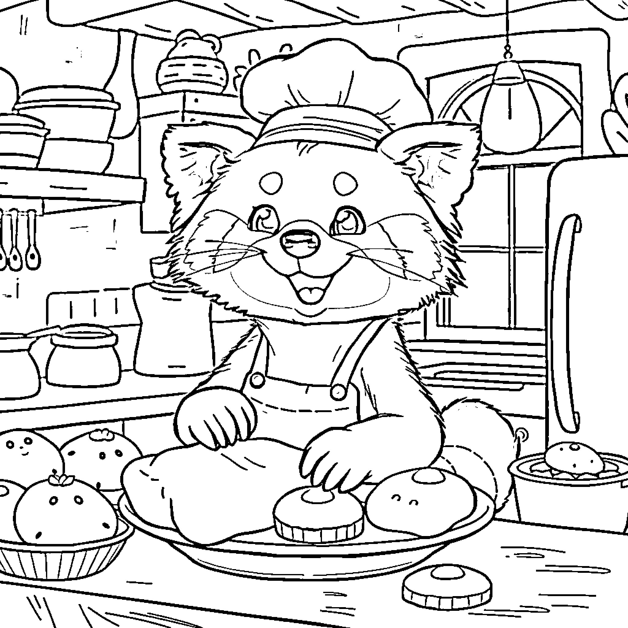 Red Panda chef cooking delicious treats in the kitchen Coloring Page (free black-and-white line drawing printable PDF for all, from beginners to advanced learners, including children, teens, adults, and seniors)
