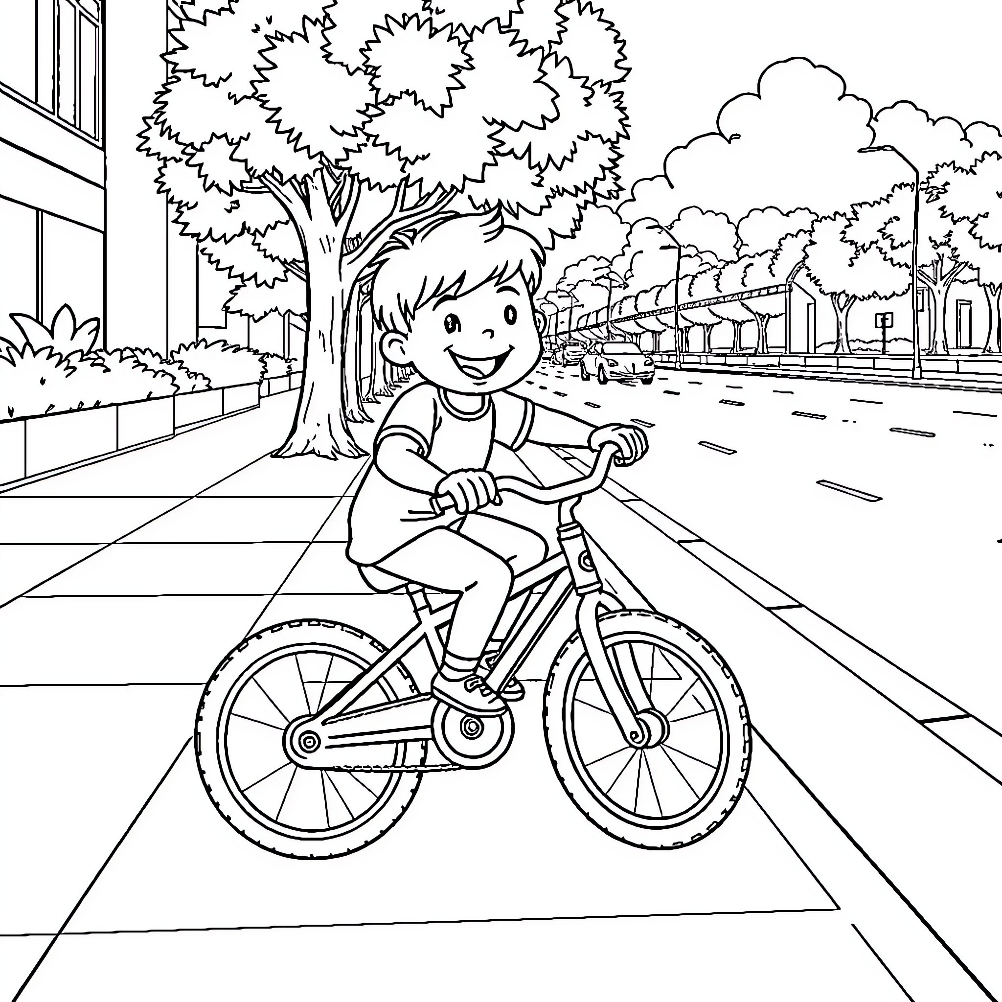 Kid riding bicycle on city street Coloring Page (free black-and-white line drawing printable PDF for all, from beginners to advanced learners, including children, teens, adults, and seniors)