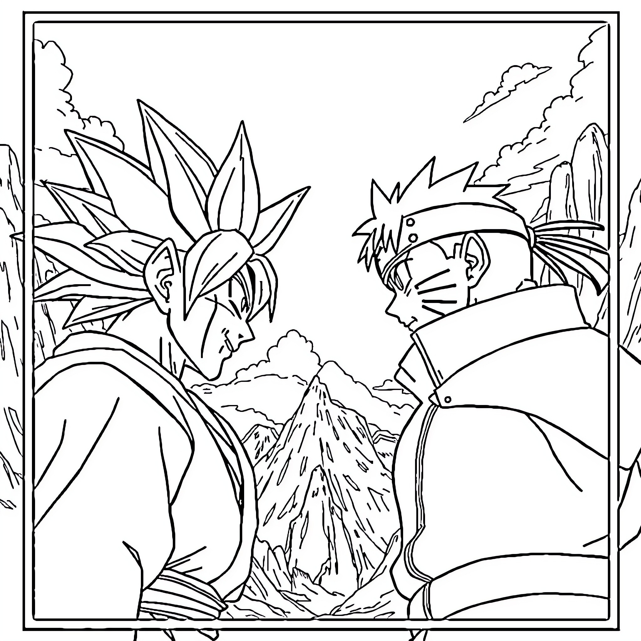 Goku standing in front of a mountainous landscape Coloring Page (free black-and-white line drawing printable PDF for all, from beginners to advanced learners, including children, teens, adults, and seniors)
