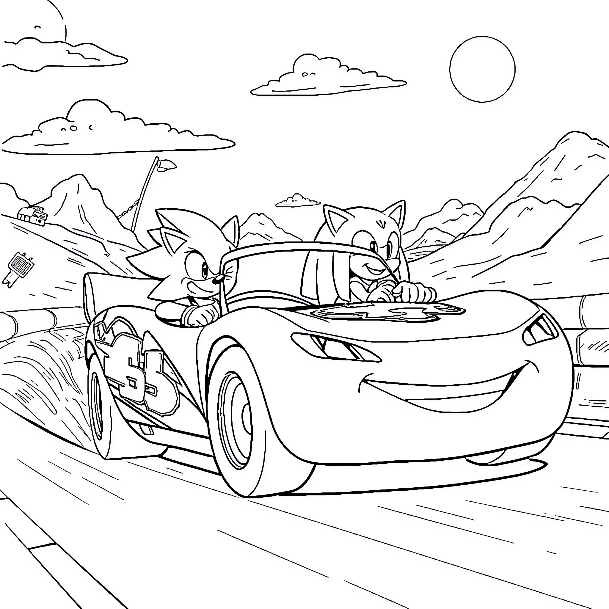 Sonic racing through the mountains in his car Coloring Page (free black-and-white line drawing printable PDF for all, from beginners to advanced learners, including children, teens, adults, and seniors)