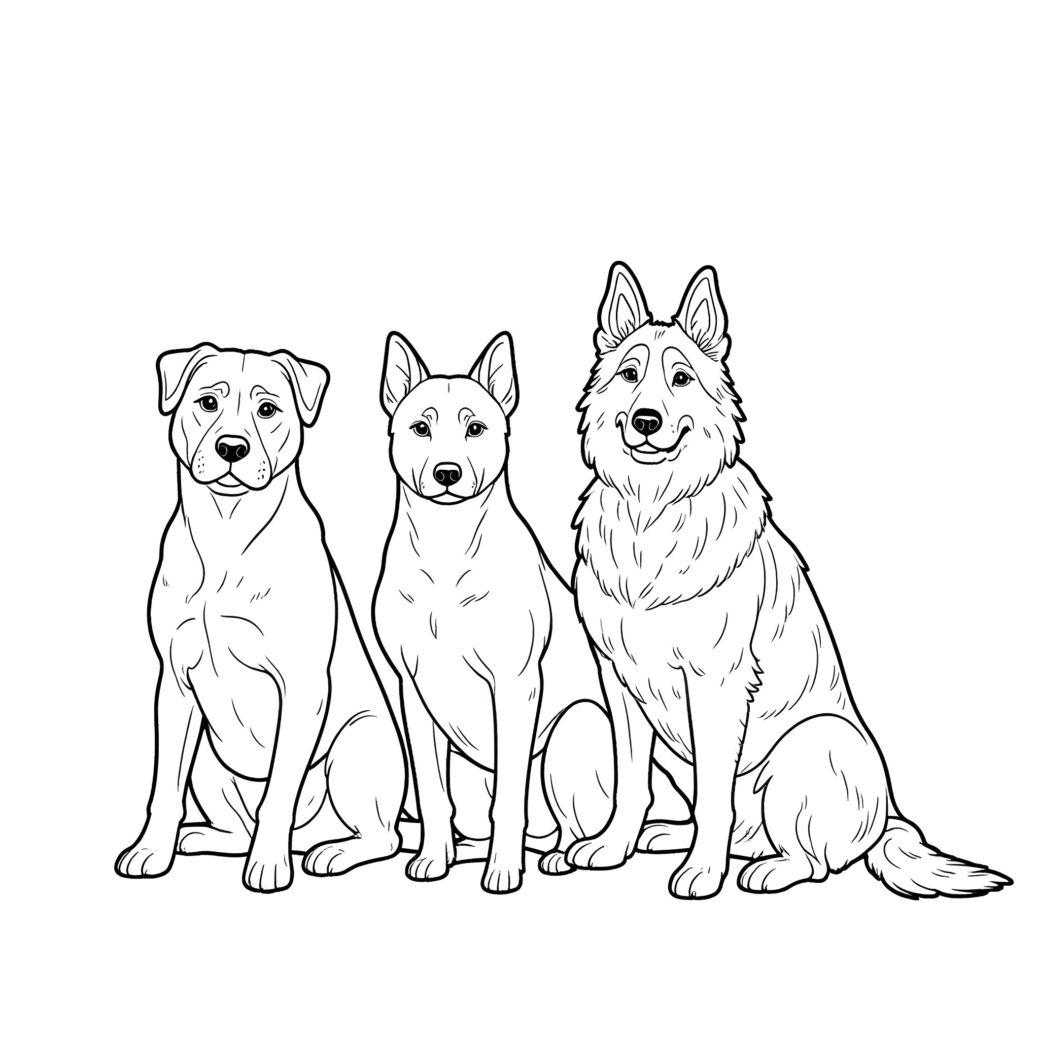 Dogs sitting and posing together Coloring Page (free black-and-white line drawing printable PDF for all, from beginners to advanced learners, including children, teens, adults, and seniors)