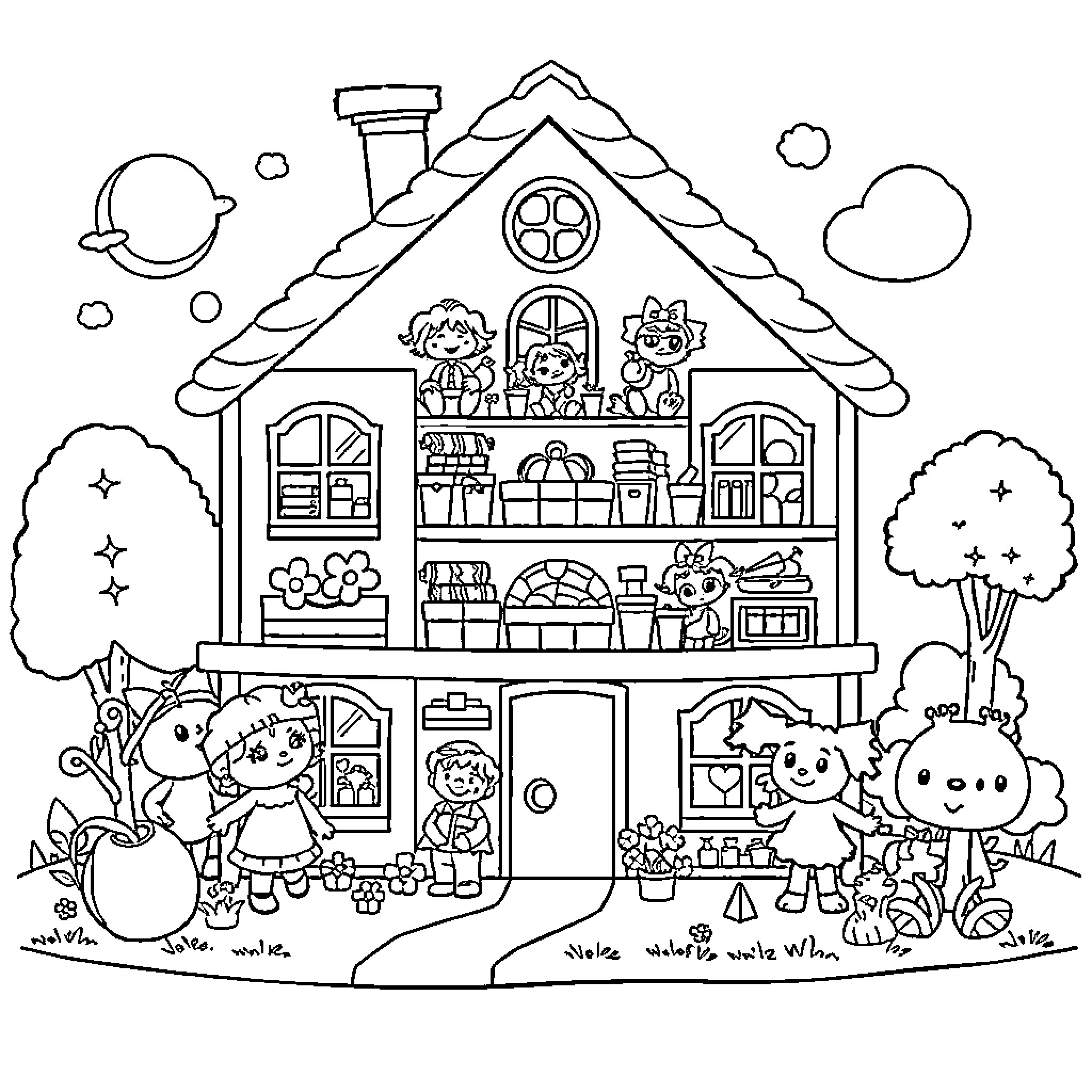 Gabby's Cozy Cottage and Woodland Friends Coloring Page (free black-and-white line drawing printable PDF for all, from beginners to advanced learners, including children, teens, adults, and seniors)