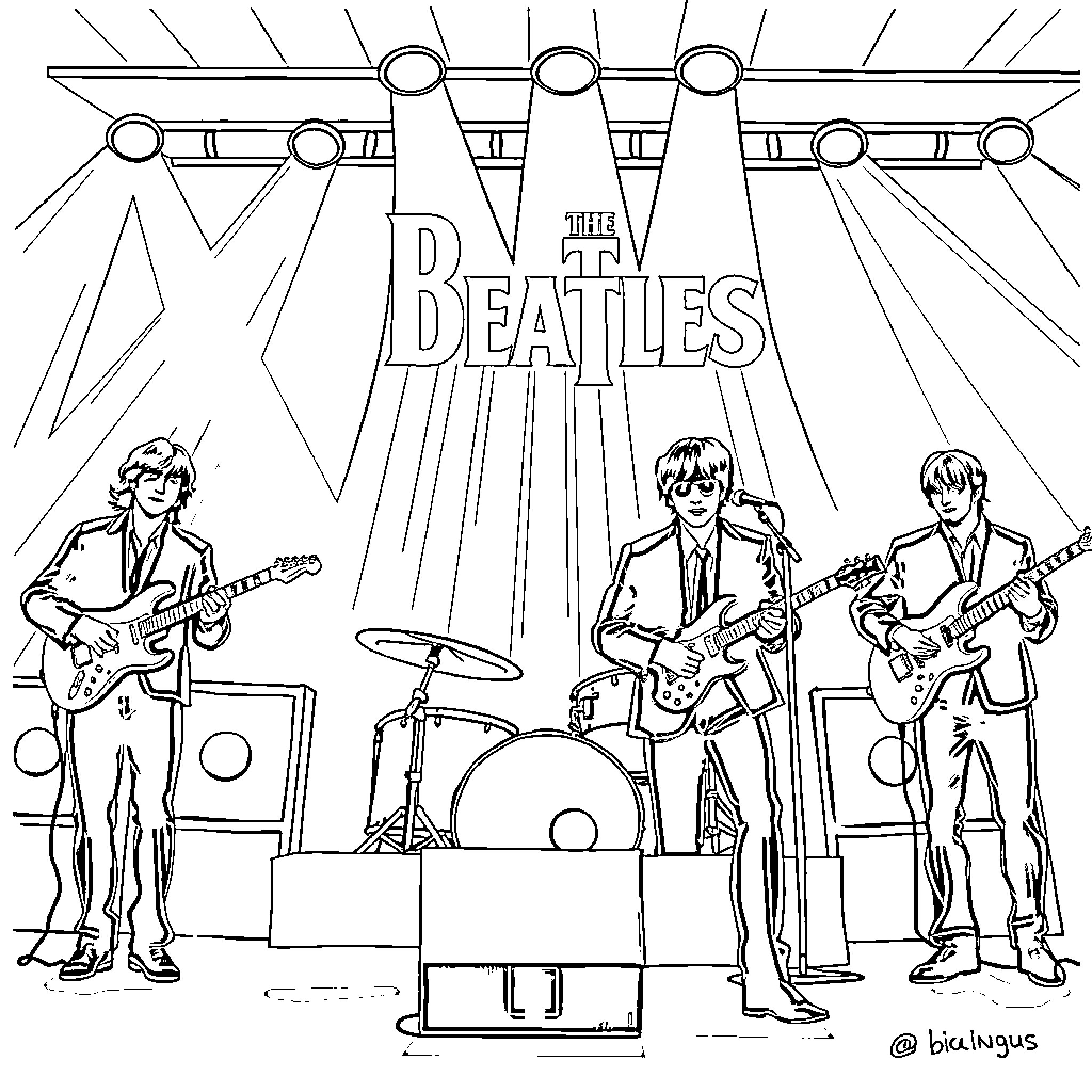 Beatles Performing on Stage with Musical Instruments Coloring Page (free black-and-white line drawing printable PDF for all, from beginners to advanced learners, including children, teens, adults, and seniors)
