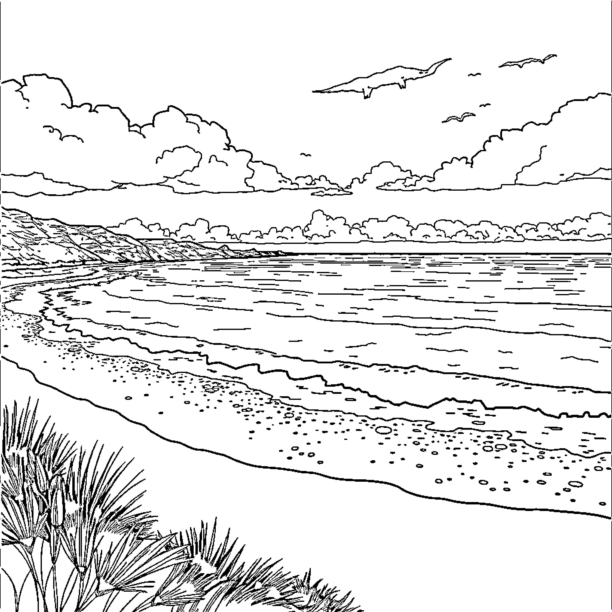 Sea and Clouds Scenic Landscape Coloring Page (free black-and-white line drawing printable PDF for all, from beginners to advanced learners, including children, teens, adults, and seniors)