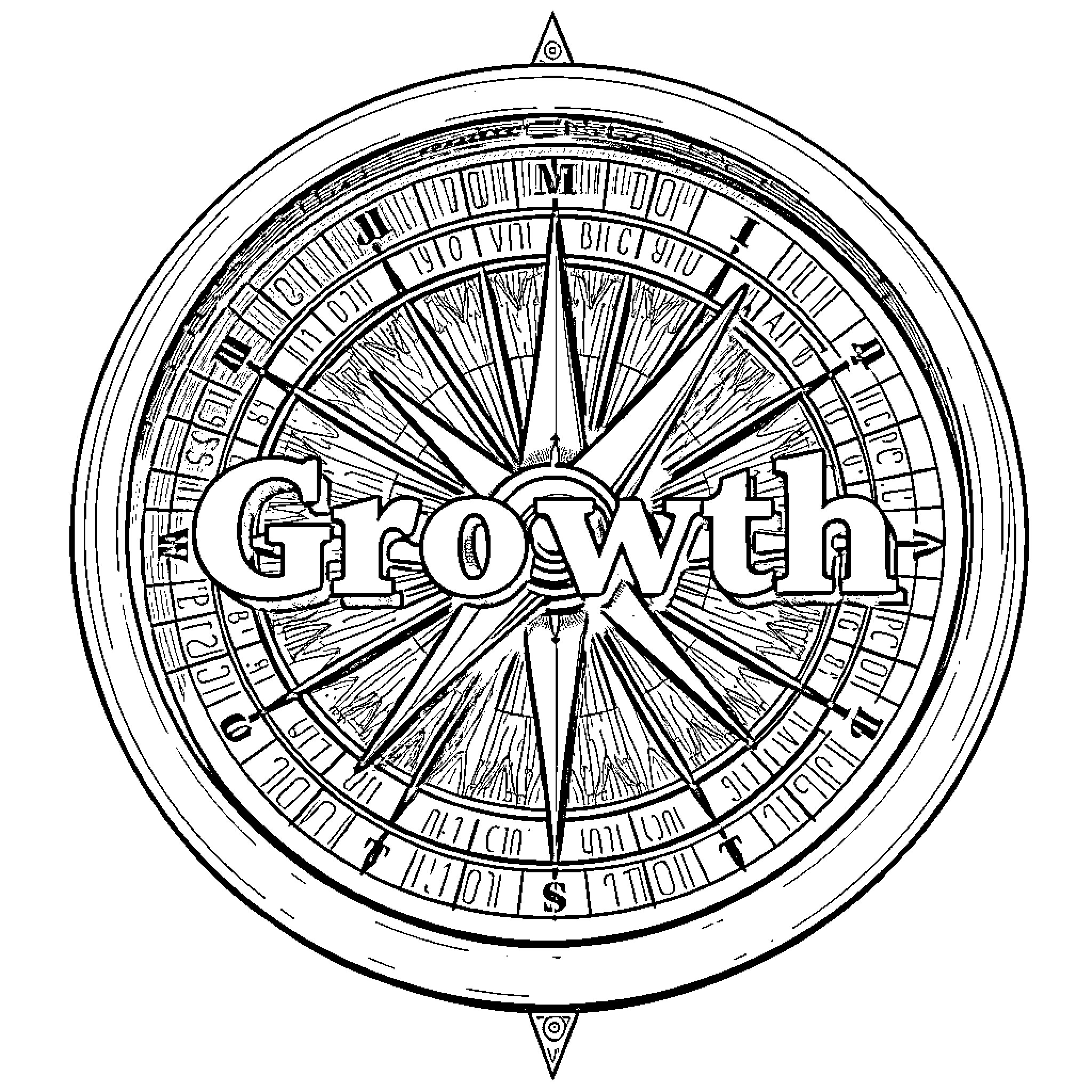 Compass pointing towards Growth Coloring Page (free black-and-white line drawing printable PDF for all, from beginners to advanced learners, including children, teens, adults, and seniors)
