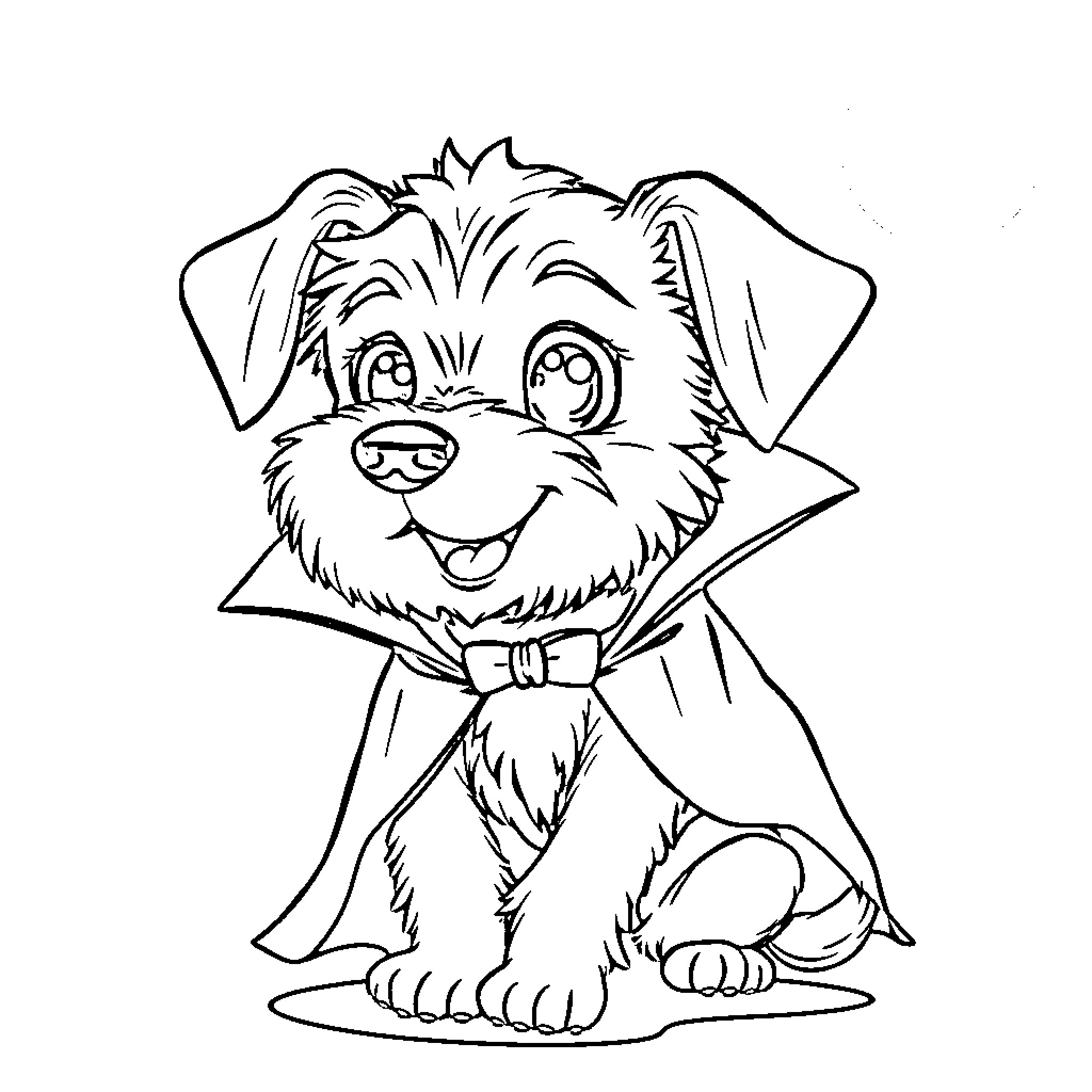 Dog in Costume Happily Sitting Coloring Page (free black-and-white line drawing printable PDF for all, from beginners to advanced learners, including children, teens, adults, and seniors)