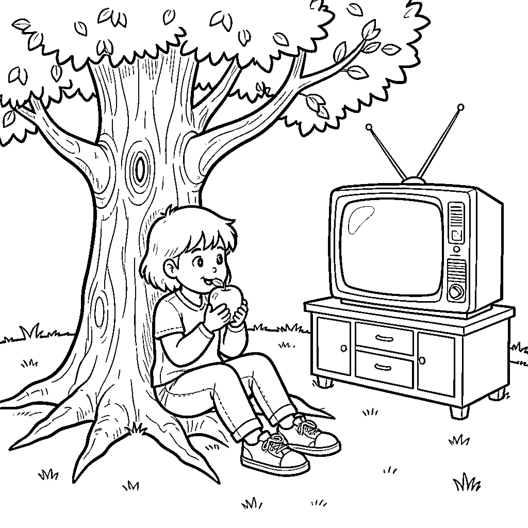 Arbre providing shade for a child eating an apple Coloring Page (free black-and-white line drawing printable PDF for all, from beginners to advanced learners, including children, teens, adults, and seniors)