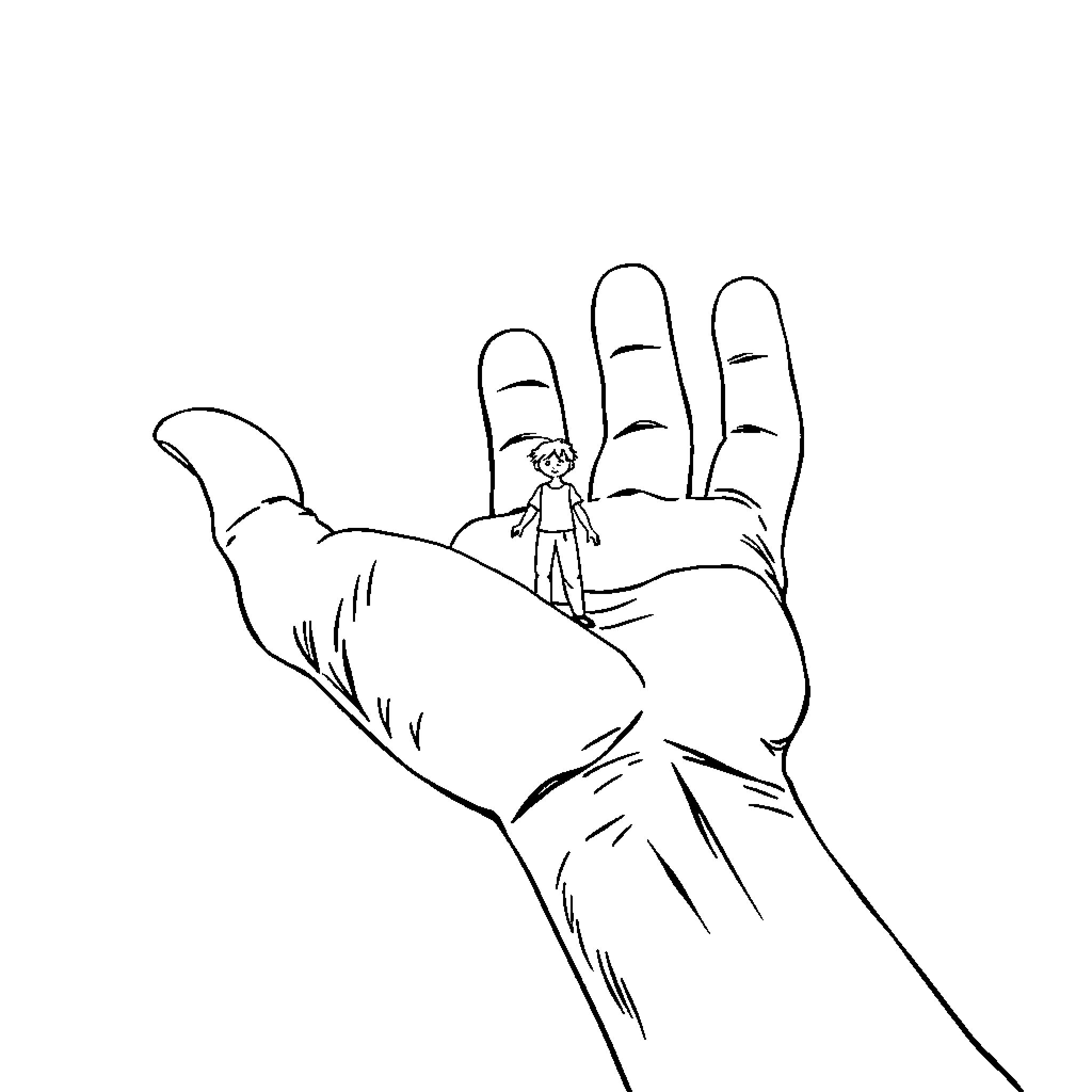 Hand holding a small figure Coloring Page (free black-and-white line drawing printable PDF for all, from beginners to advanced learners, including children, teens, adults, and seniors)