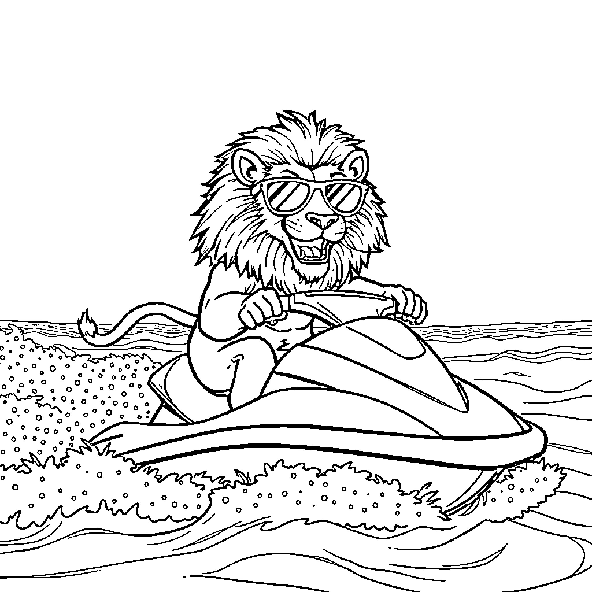 Lion riding a jetski with sunglasses Coloring Page (free black-and-white line drawing printable PDF for all, from beginners to advanced learners, including children, teens, adults, and seniors)