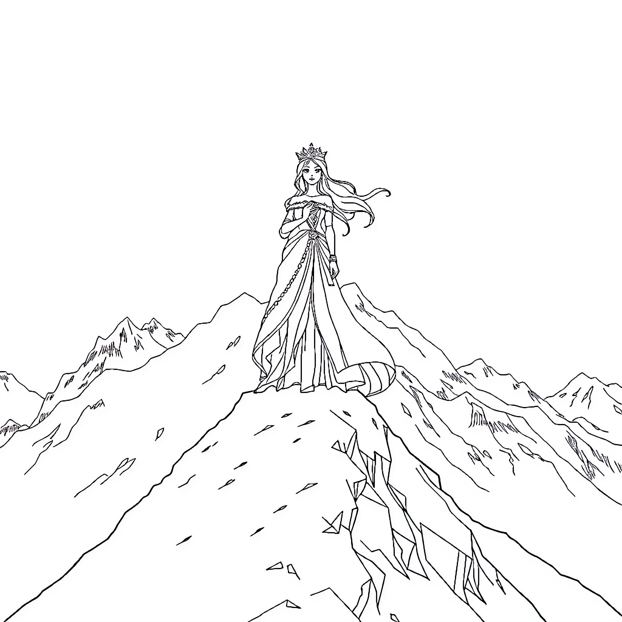 Princess Standing Atop Snowy Mountain Peak Coloring Page (free black-and-white line drawing printable PDF for all, from beginners to advanced learners, including children, teens, adults, and seniors)