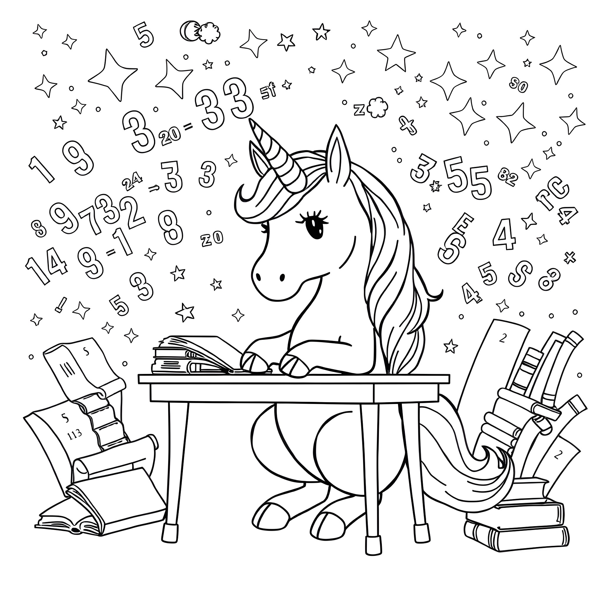 Unicorn studying at desk with books and numbers Coloring Page (free black-and-white line drawing printable PDF for all, from beginners to advanced learners, including children, teens, adults, and seniors)