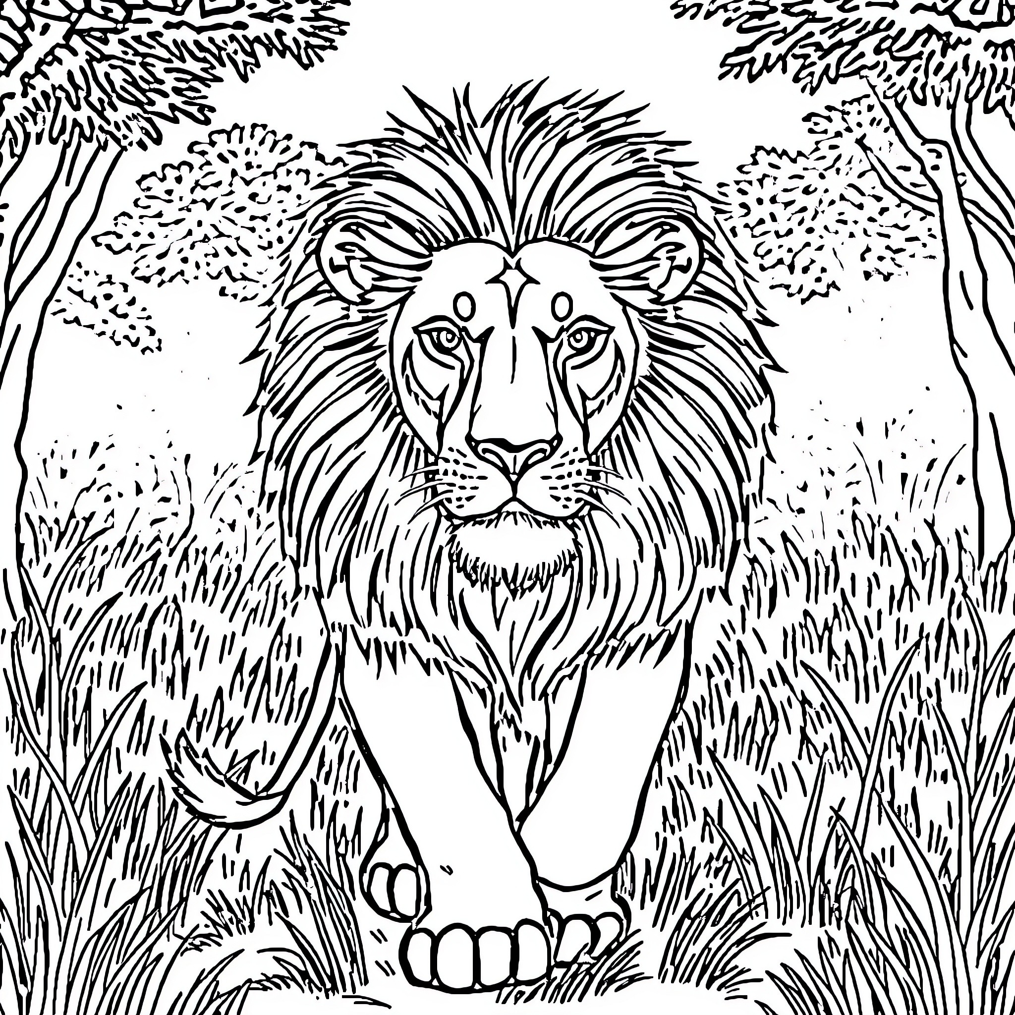 Lion lounging in the wild Coloring Page (free black-and-white line drawing printable PDF for all, from beginners to advanced learners, including children, teens, adults, and seniors)