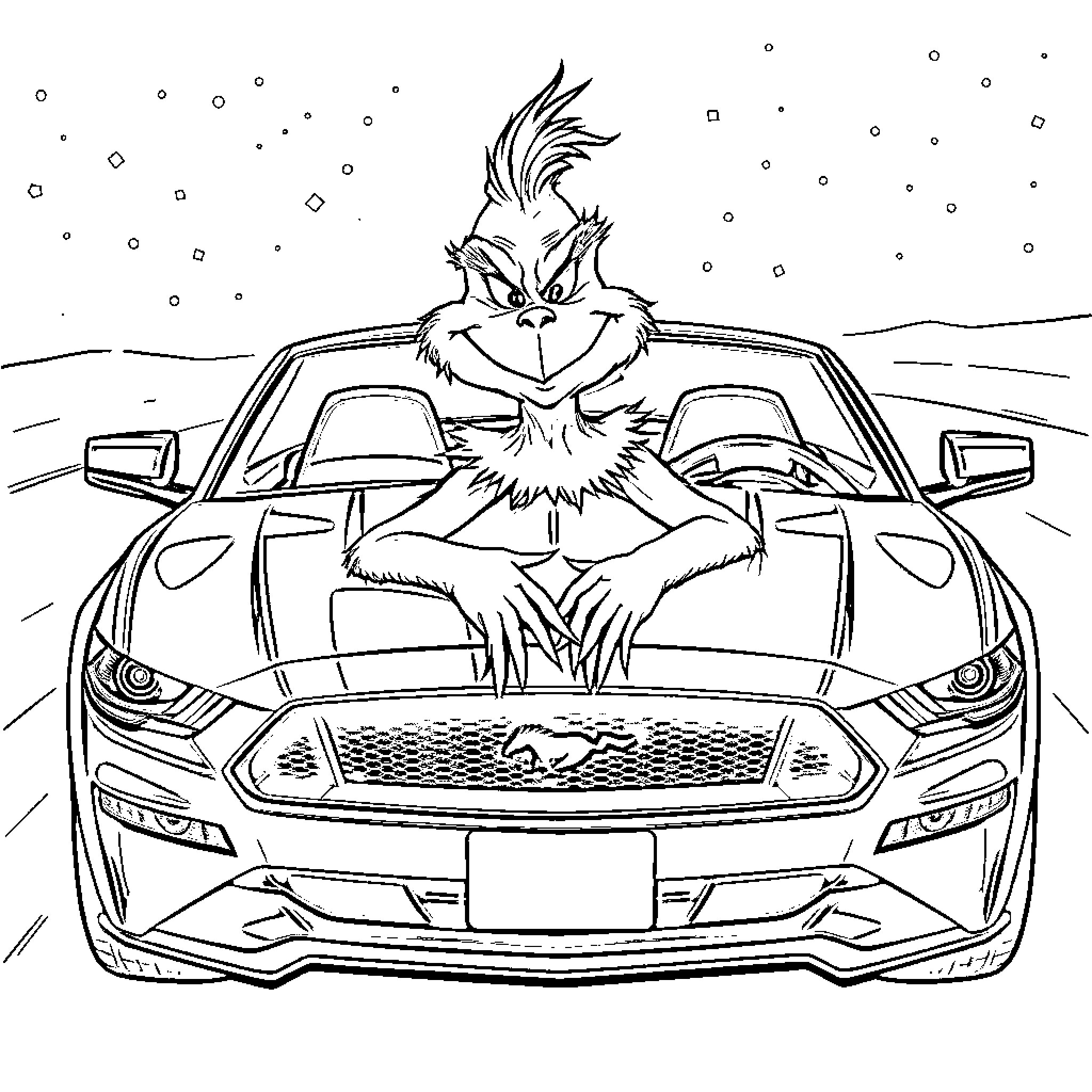 Grinch driving a sporty car on a snowy night Coloring Page (free black-and-white line drawing printable PDF for all, from beginners to advanced learners, including children, teens, adults, and seniors)