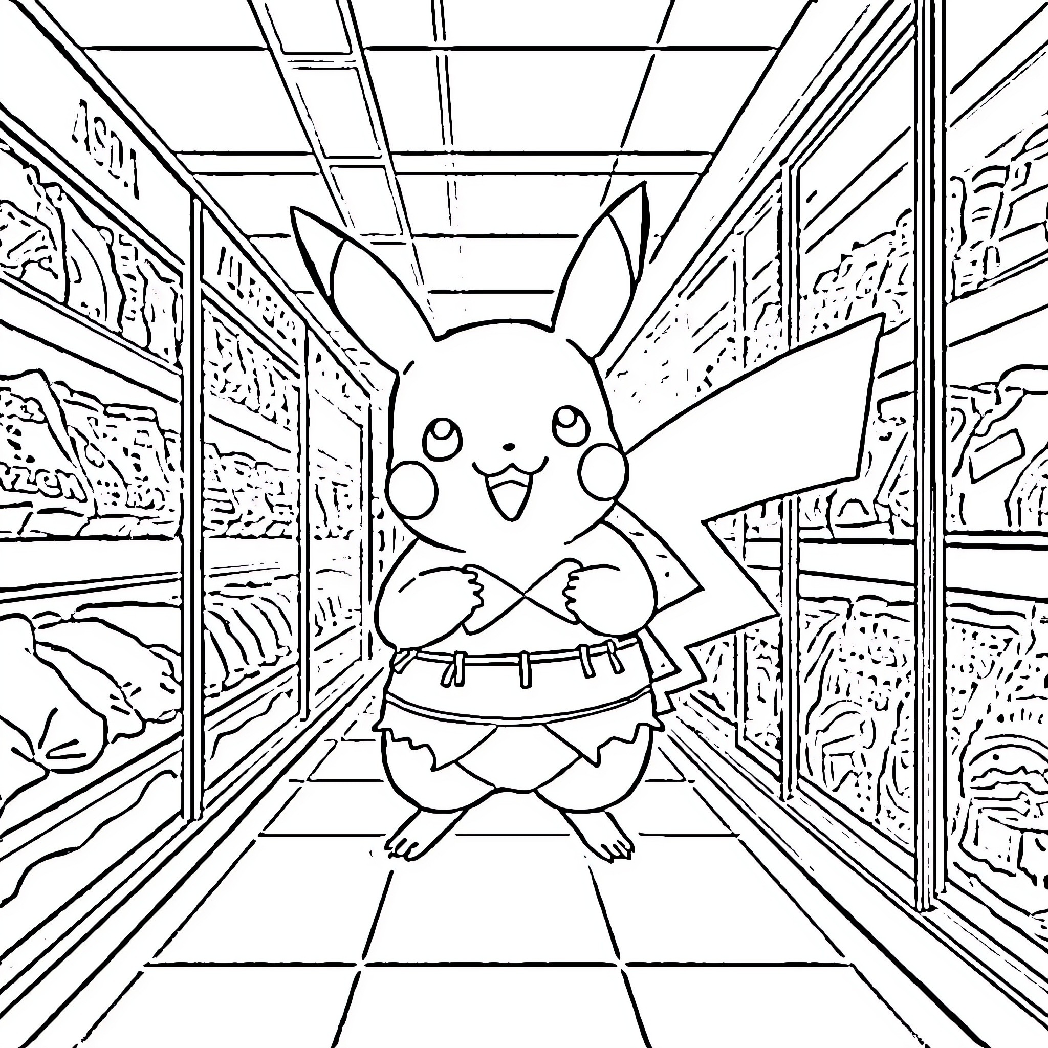 Pikachu explores the colorful aisles of a store Coloring Page (free black-and-white line drawing printable PDF for all, from beginners to advanced learners, including children, teens, adults, and seniors)